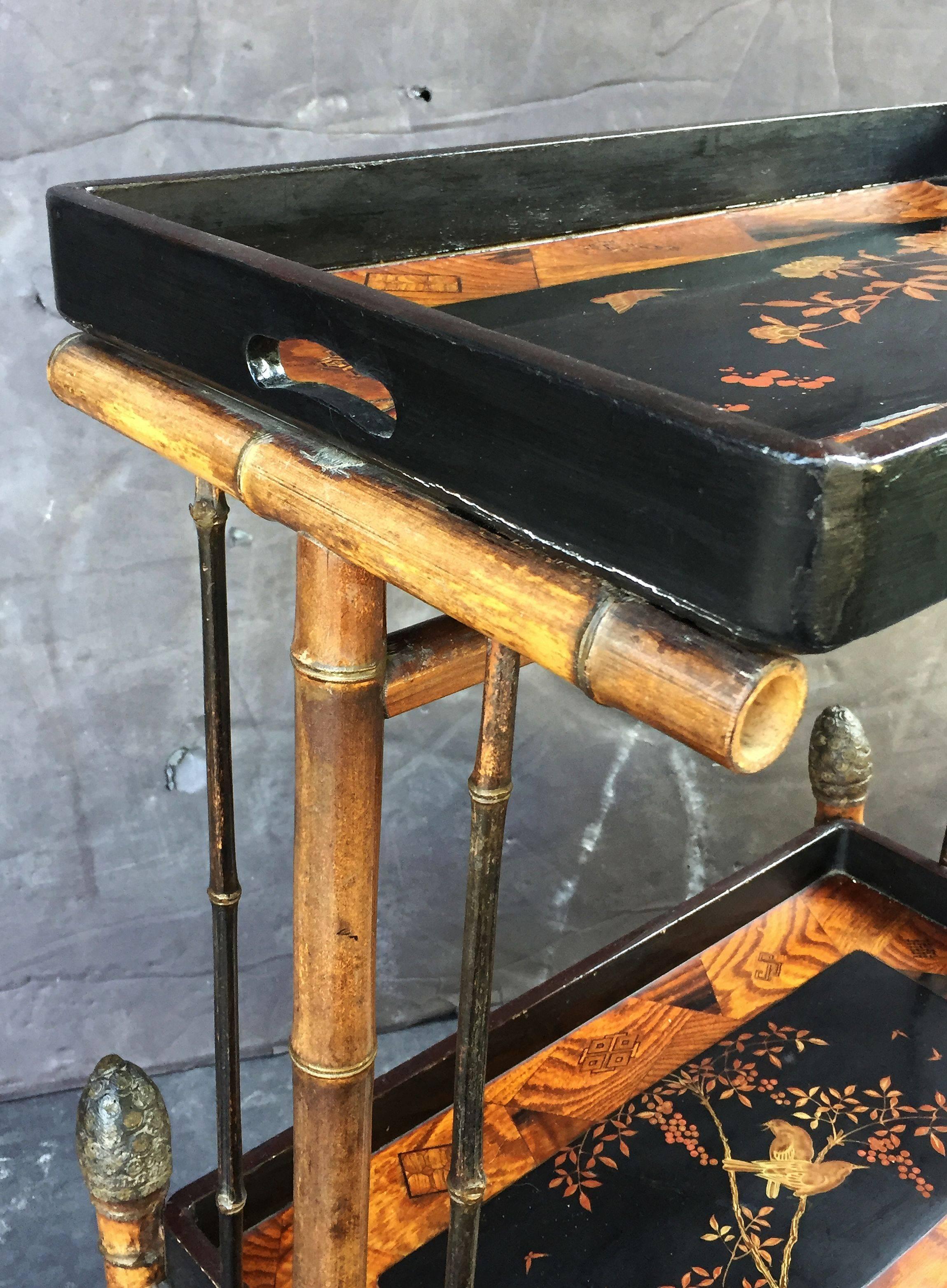 English Bamboo Tray Table with Japan Lacquered Trays 3