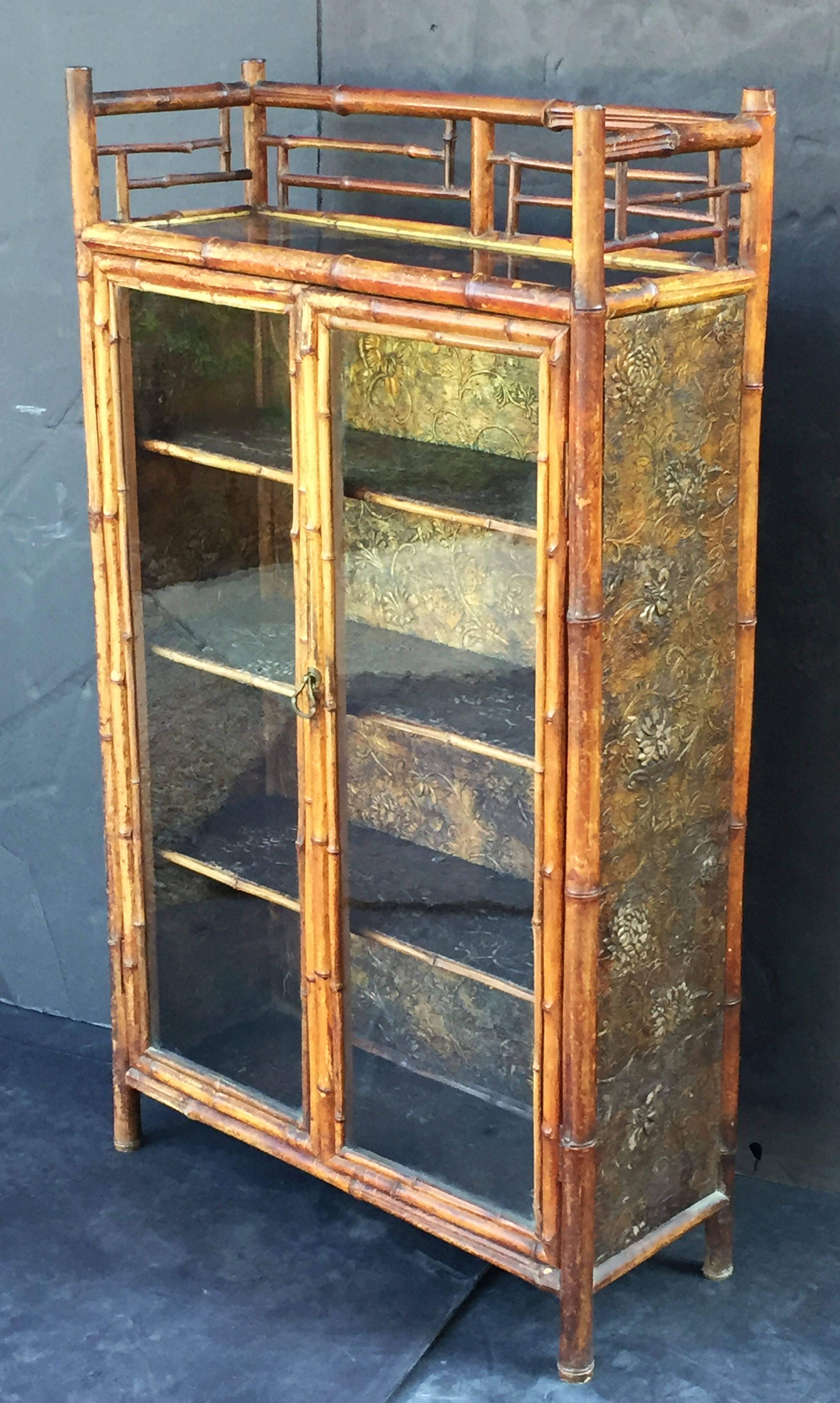 Aesthetic Movement English Bamboo Bookcase Cabinet with Two Glazed Doors