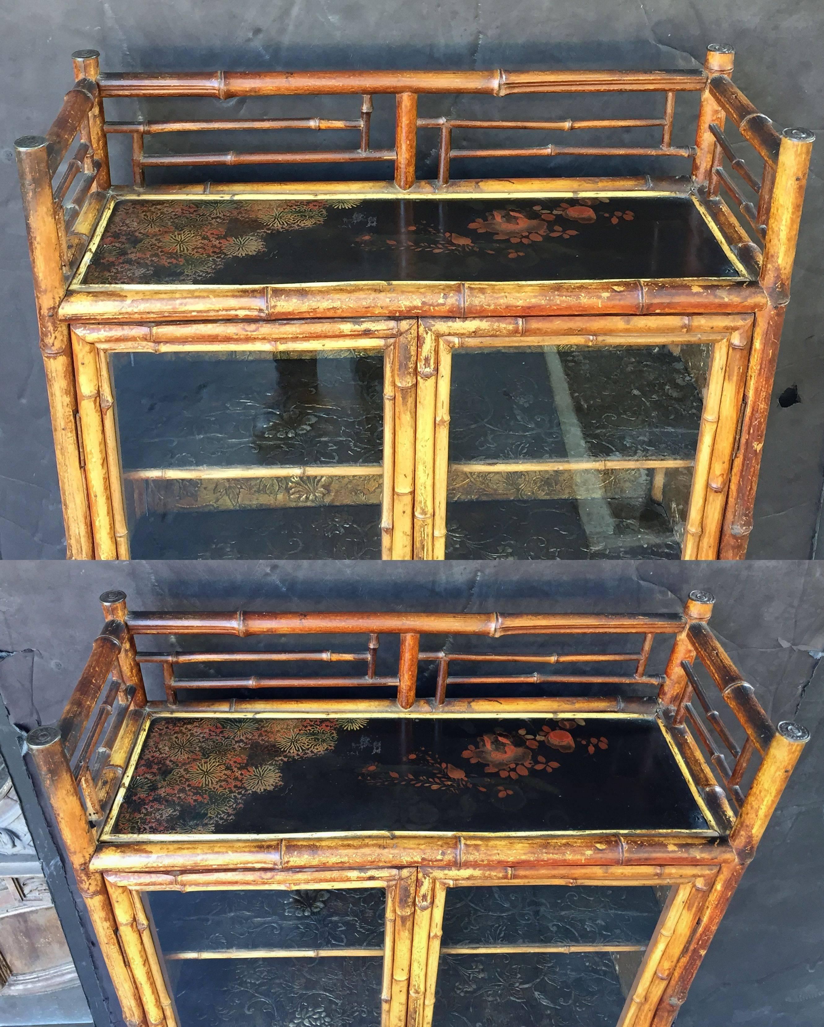 Lacquered English Bamboo Bookcase Cabinet with Two Glazed Doors