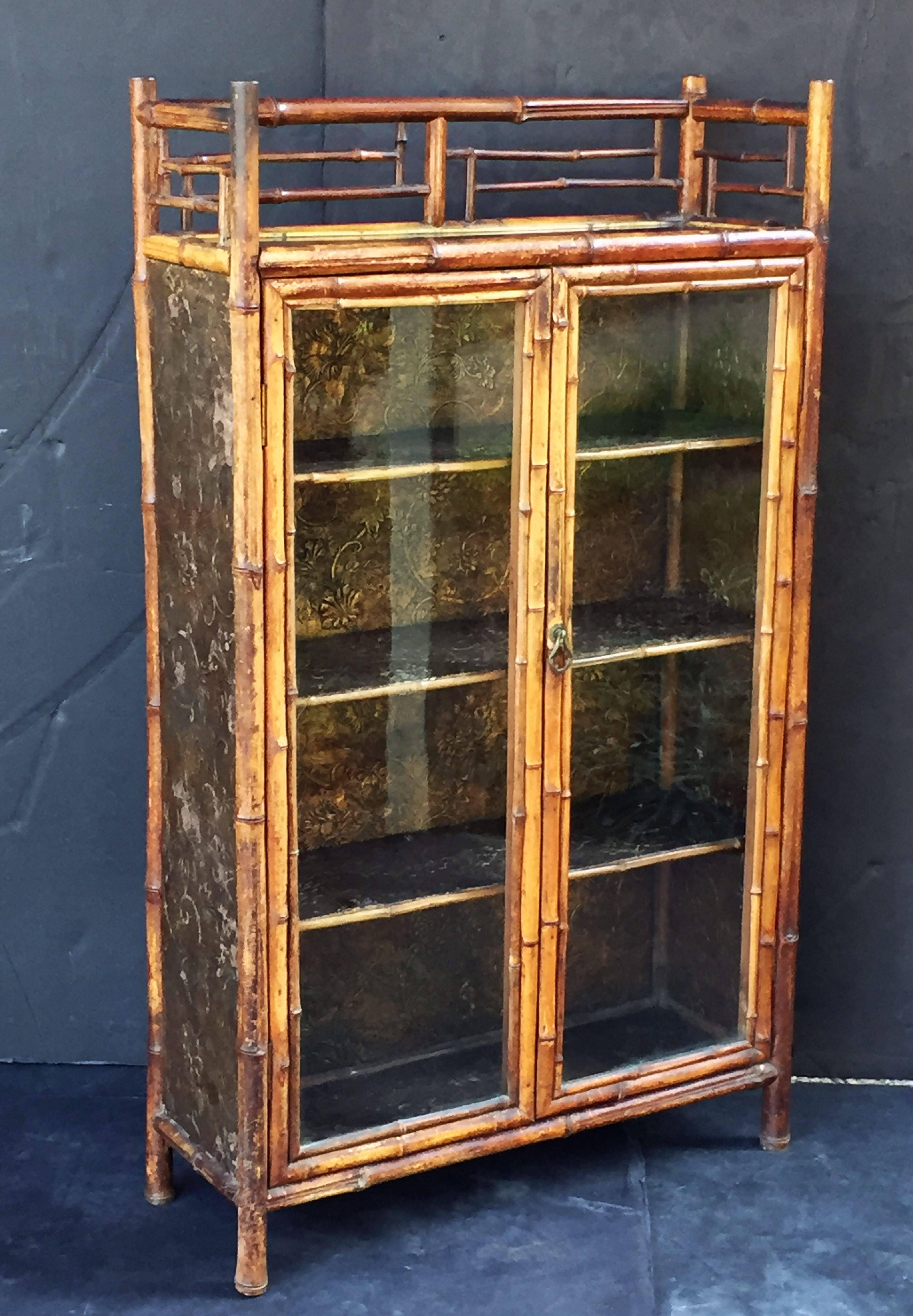 English Bamboo Bookcase Cabinet with Two Glazed Doors In Excellent Condition In Austin, TX