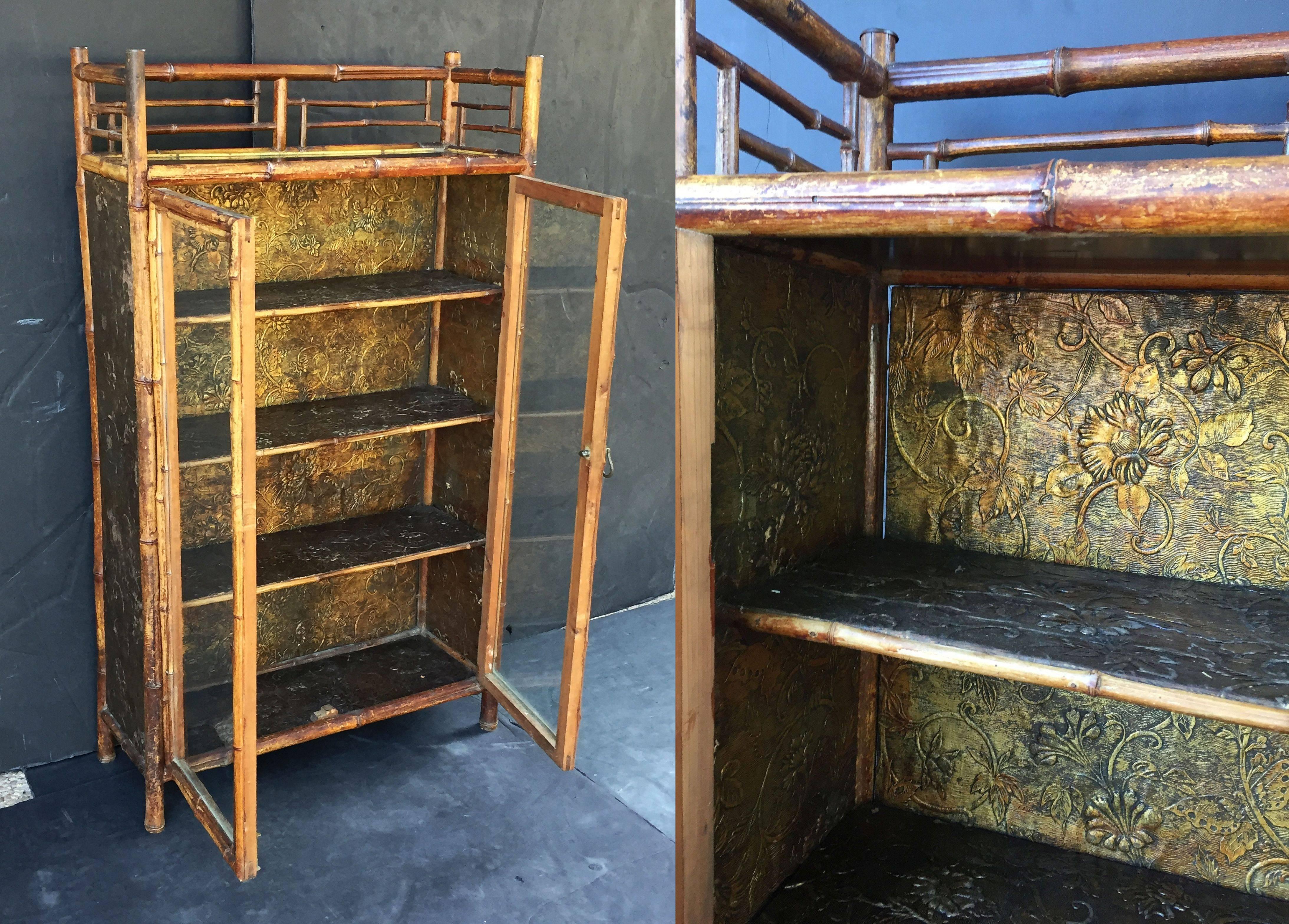 English Bamboo Bookcase Cabinet with Two Glazed Doors 1