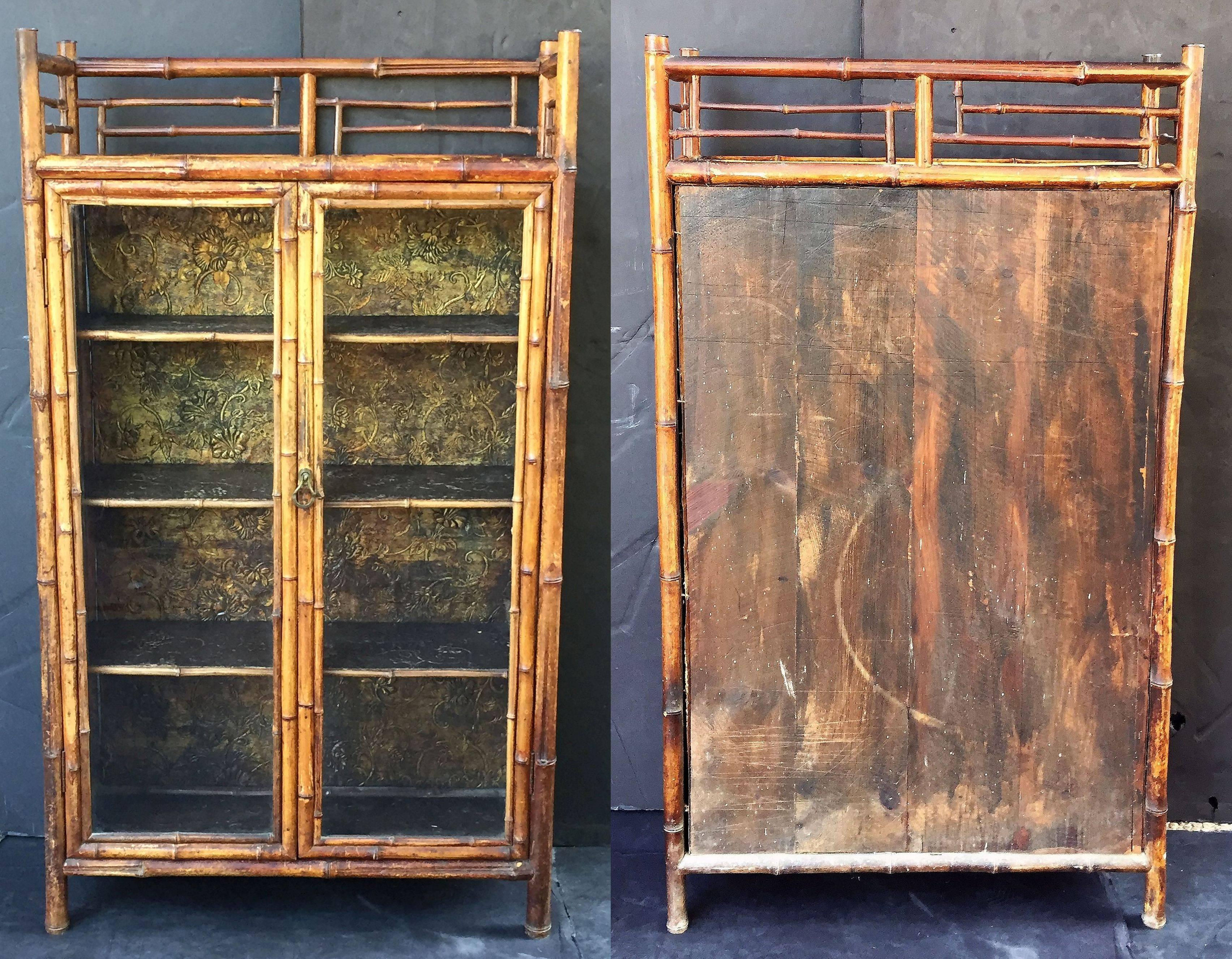 English Bamboo Bookcase Cabinet with Two Glazed Doors 2