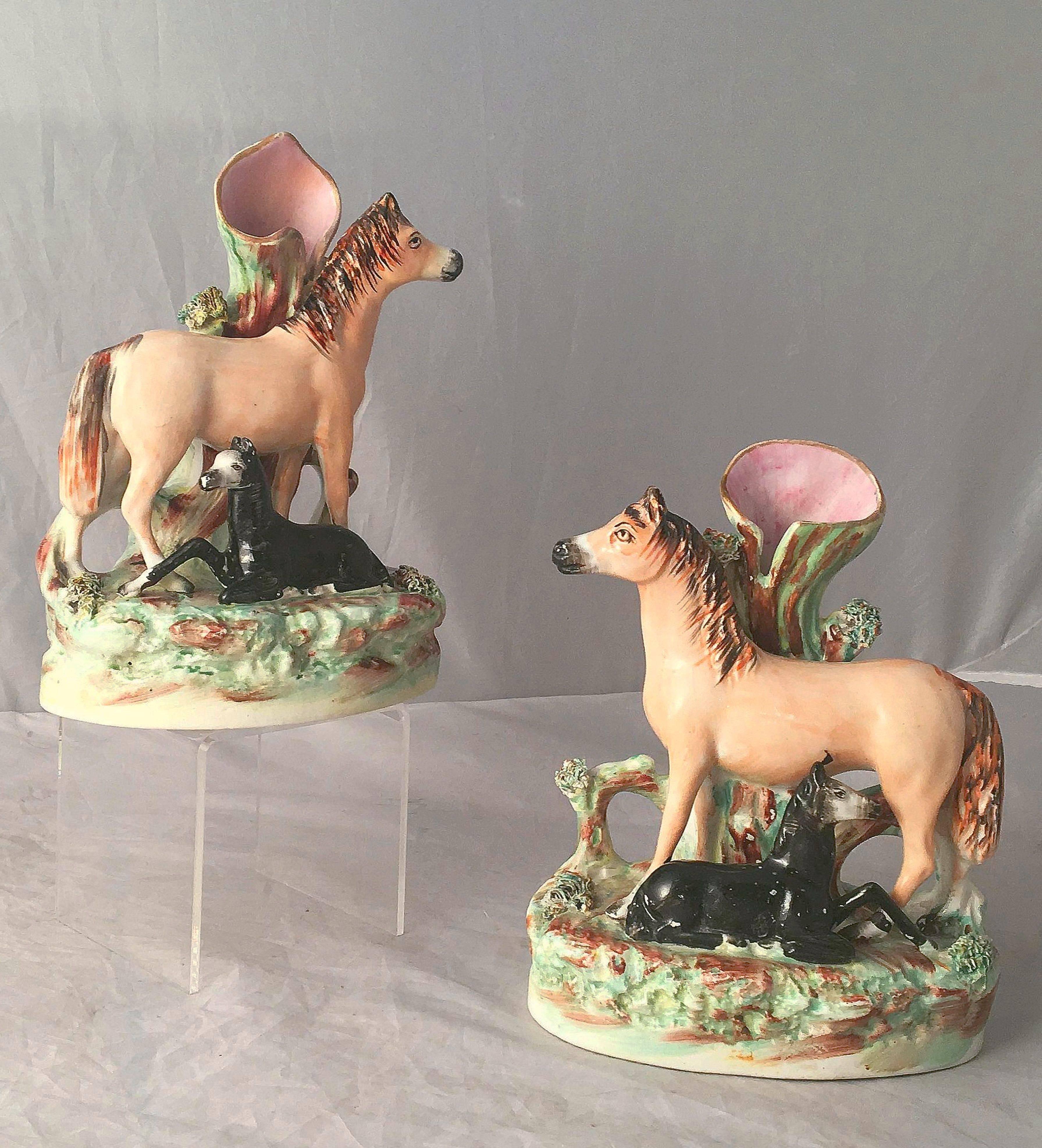 Glazed Pair of 19th Century English Staffordshire Horses with Foals