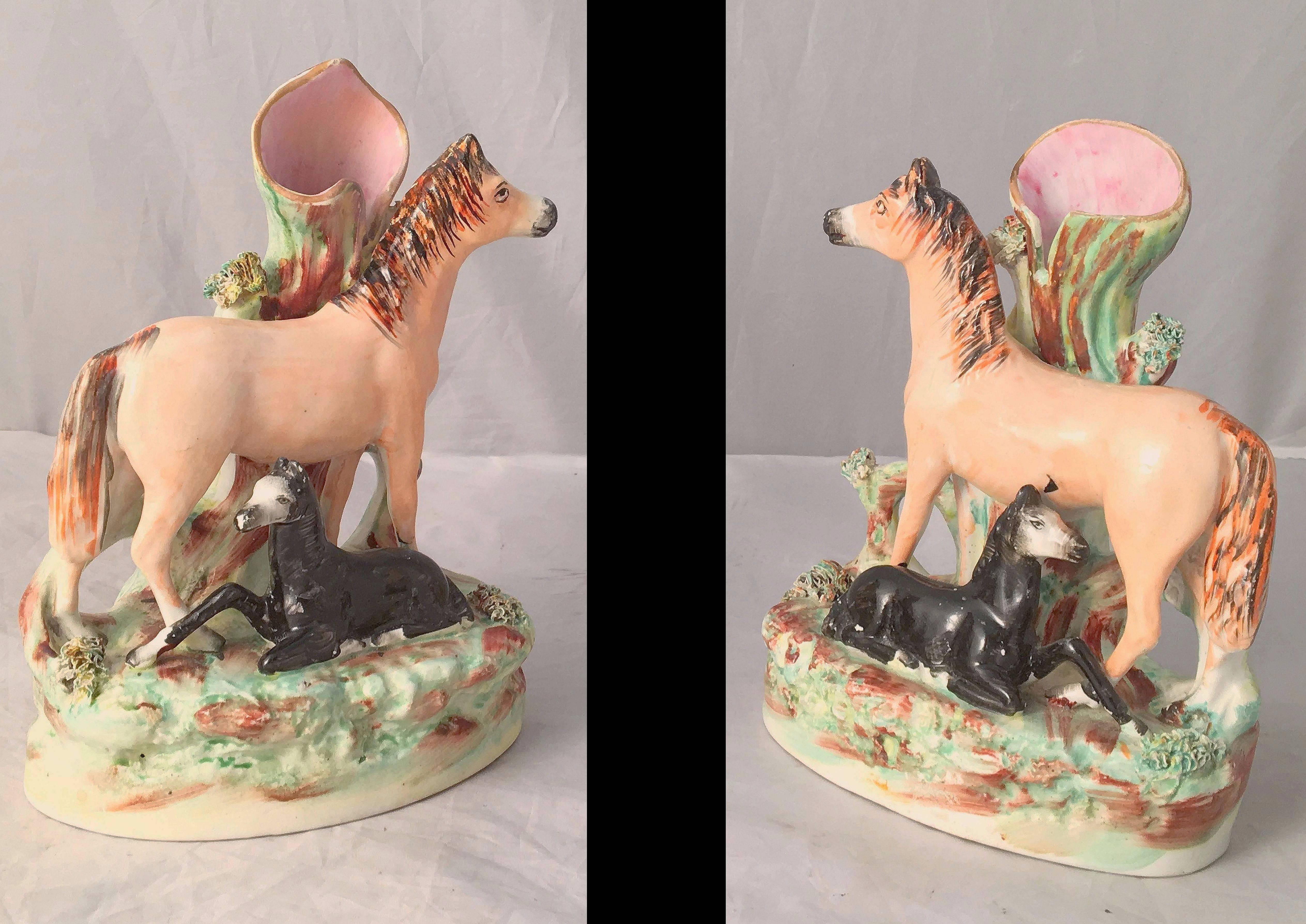 Pair of 19th Century English Staffordshire Horses with Foals In Good Condition In Austin, TX