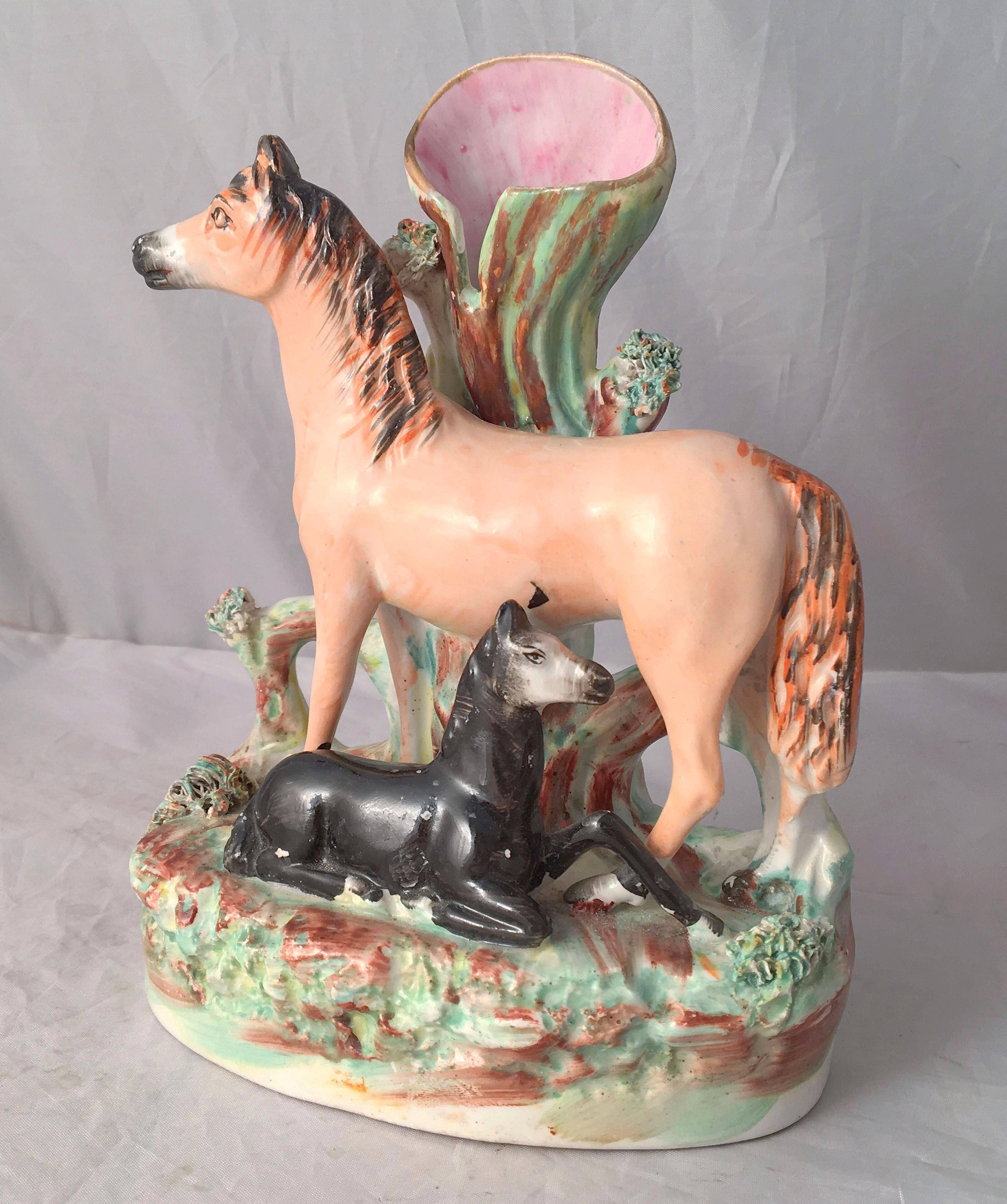 Pair of 19th Century English Staffordshire Horses with Foals 1