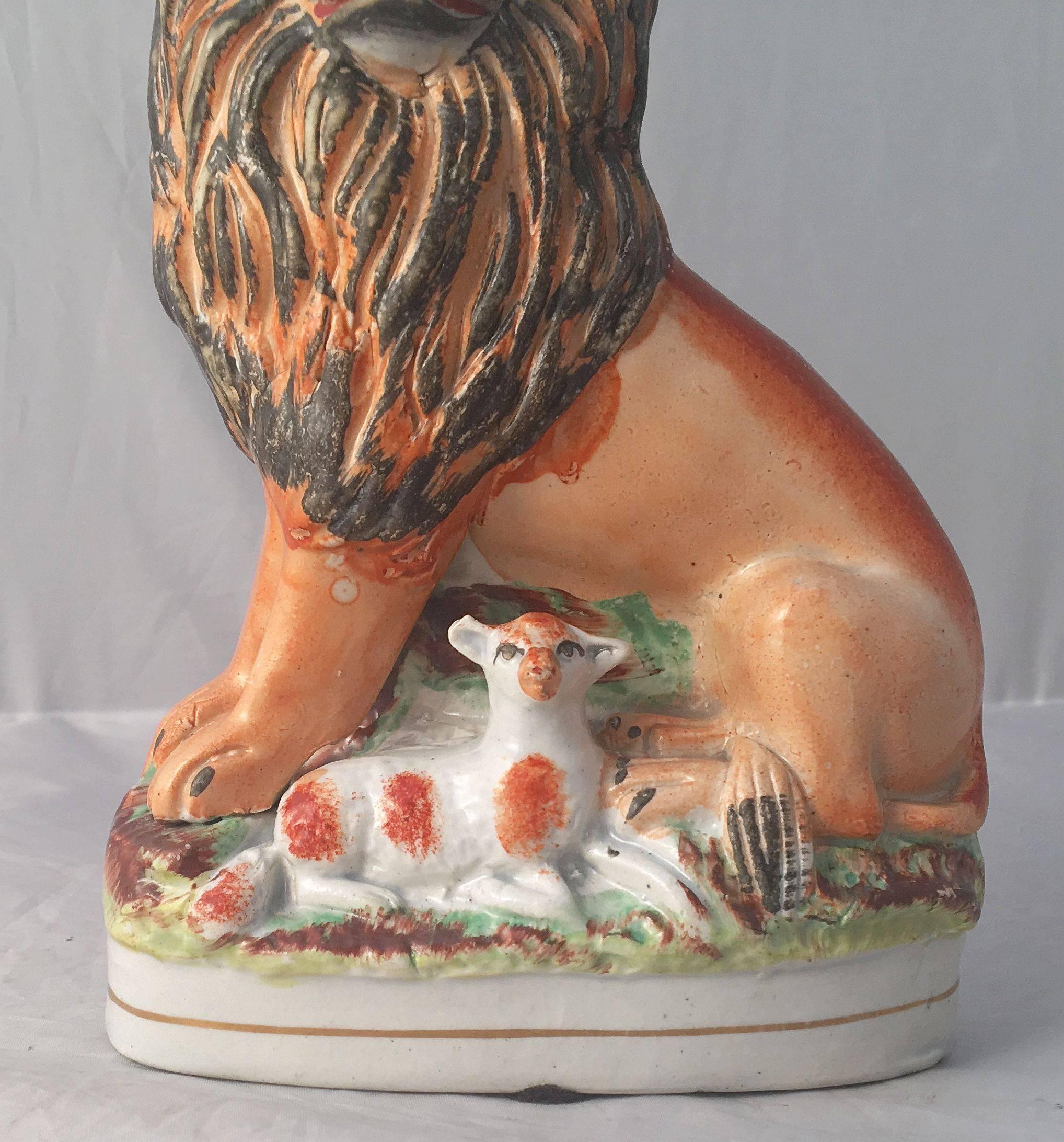 Pair of 19th Century English Staffordshire Lions with Lambs For Sale 2