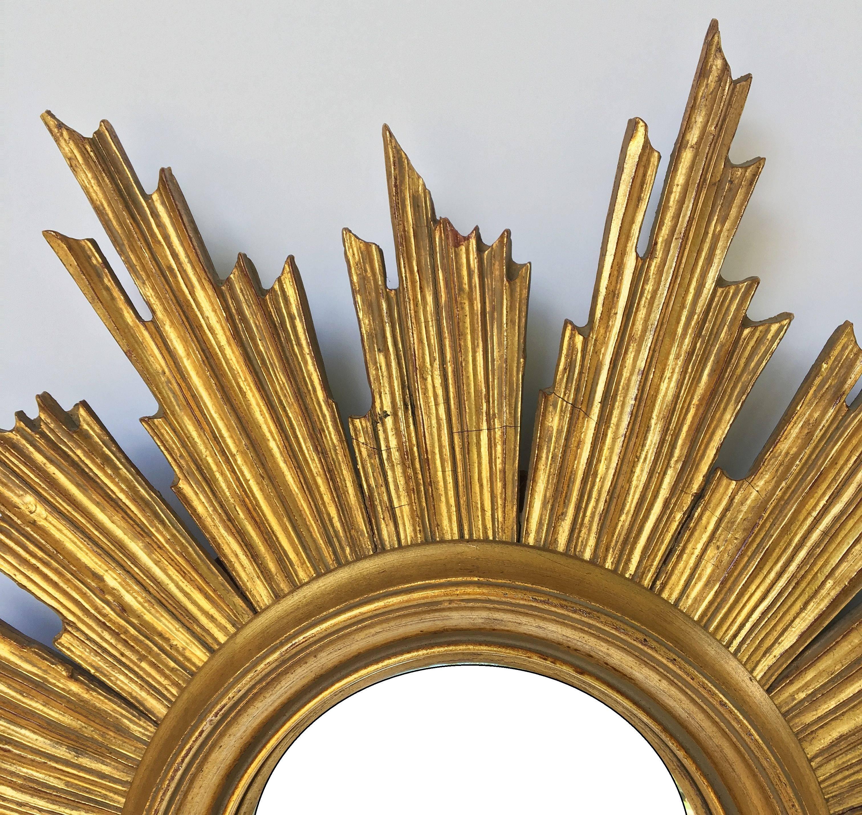 20th Century French Gilt Sunburst or Starburst Convex Mirror