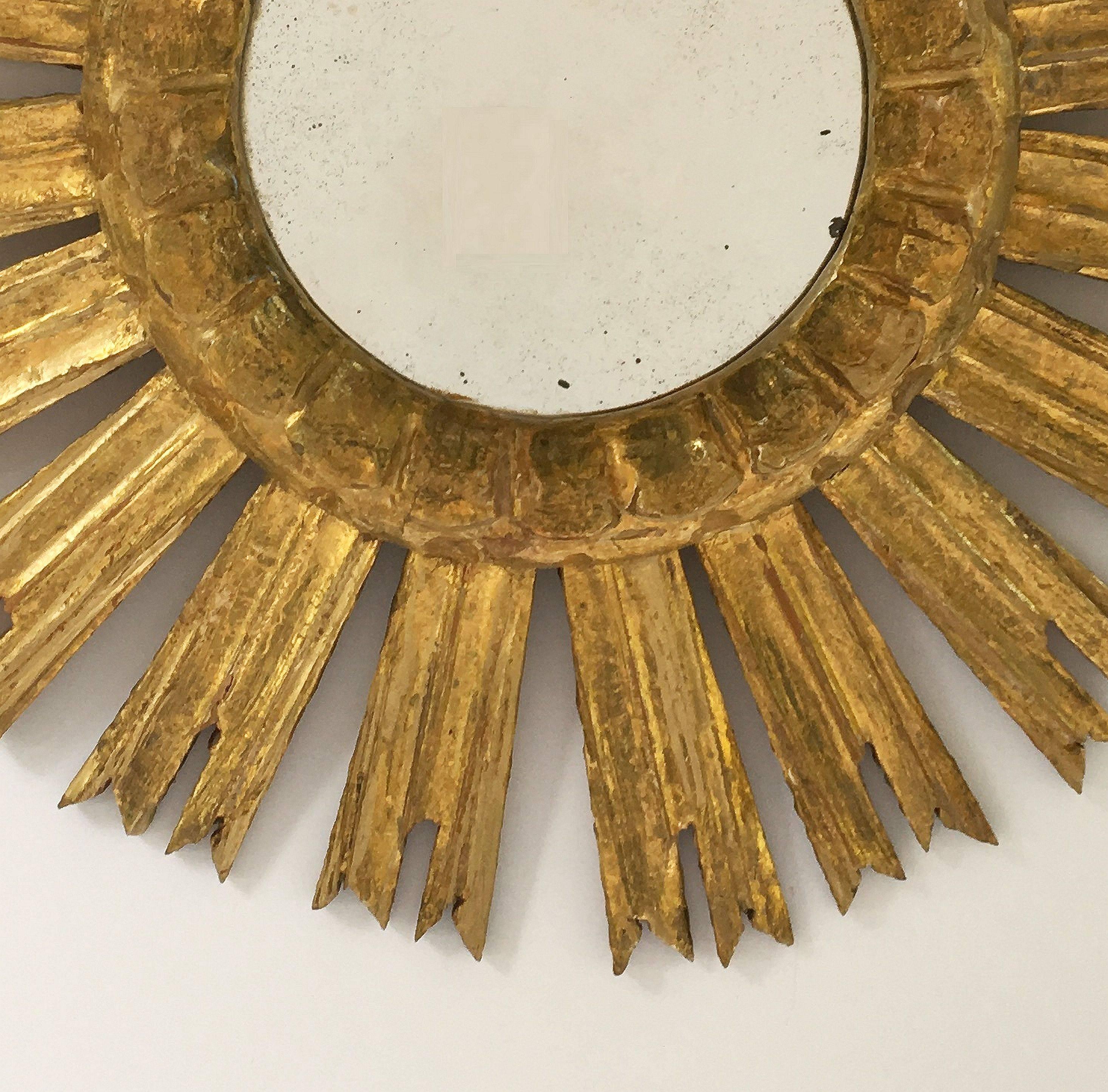 Wood French Gilt Sunburst or Starburst Mirror (Diameter 16 1/2)