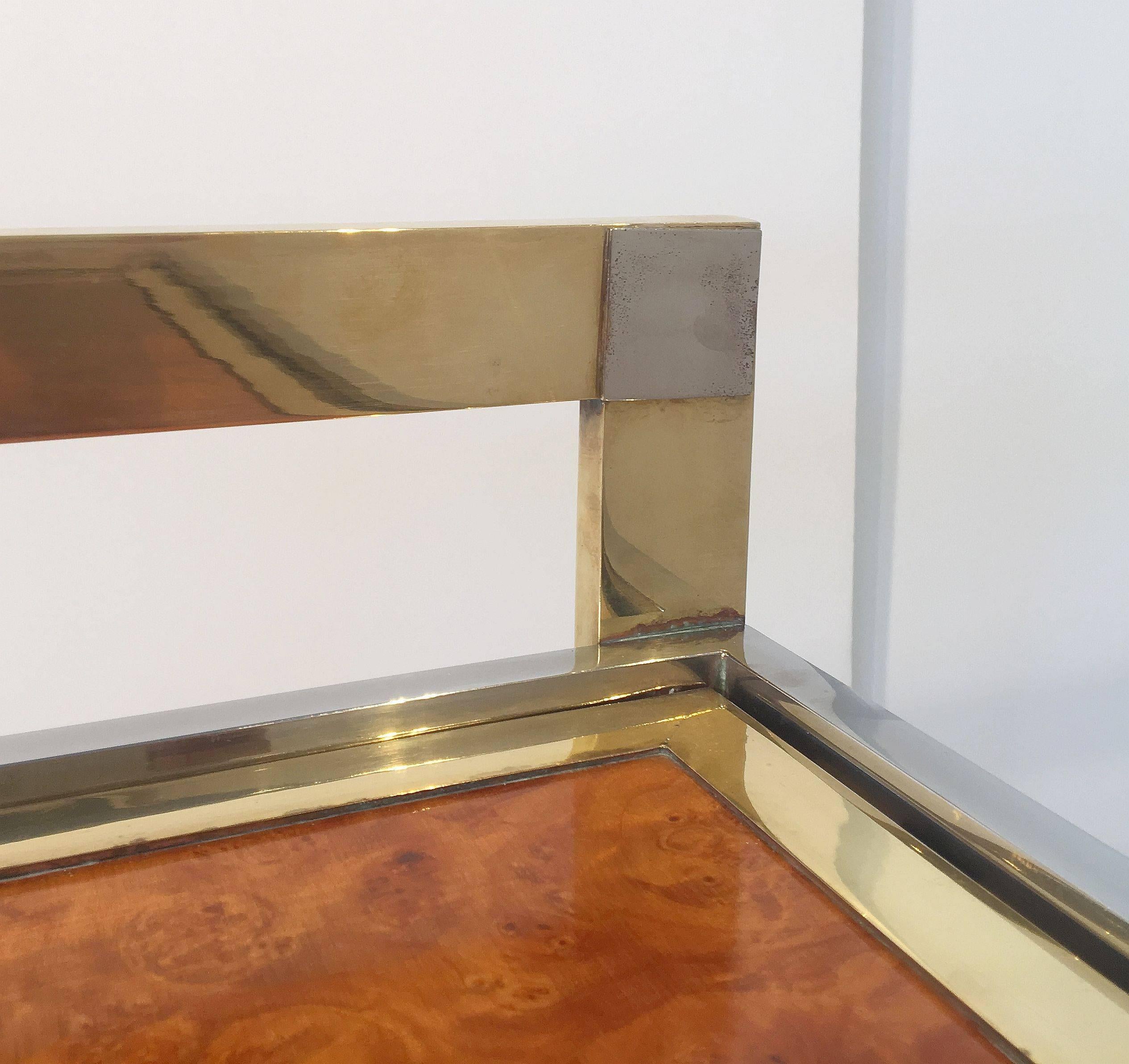 20th Century Drinks Cart of Brass, Chrome, and Burled Wood in the style of Willy Rizzo