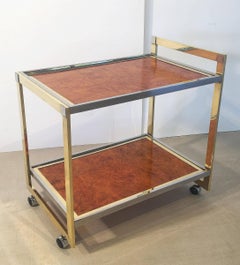 Drinks Cart of Brass, Chrome, and Burled Wood in the style of Willy Rizzo