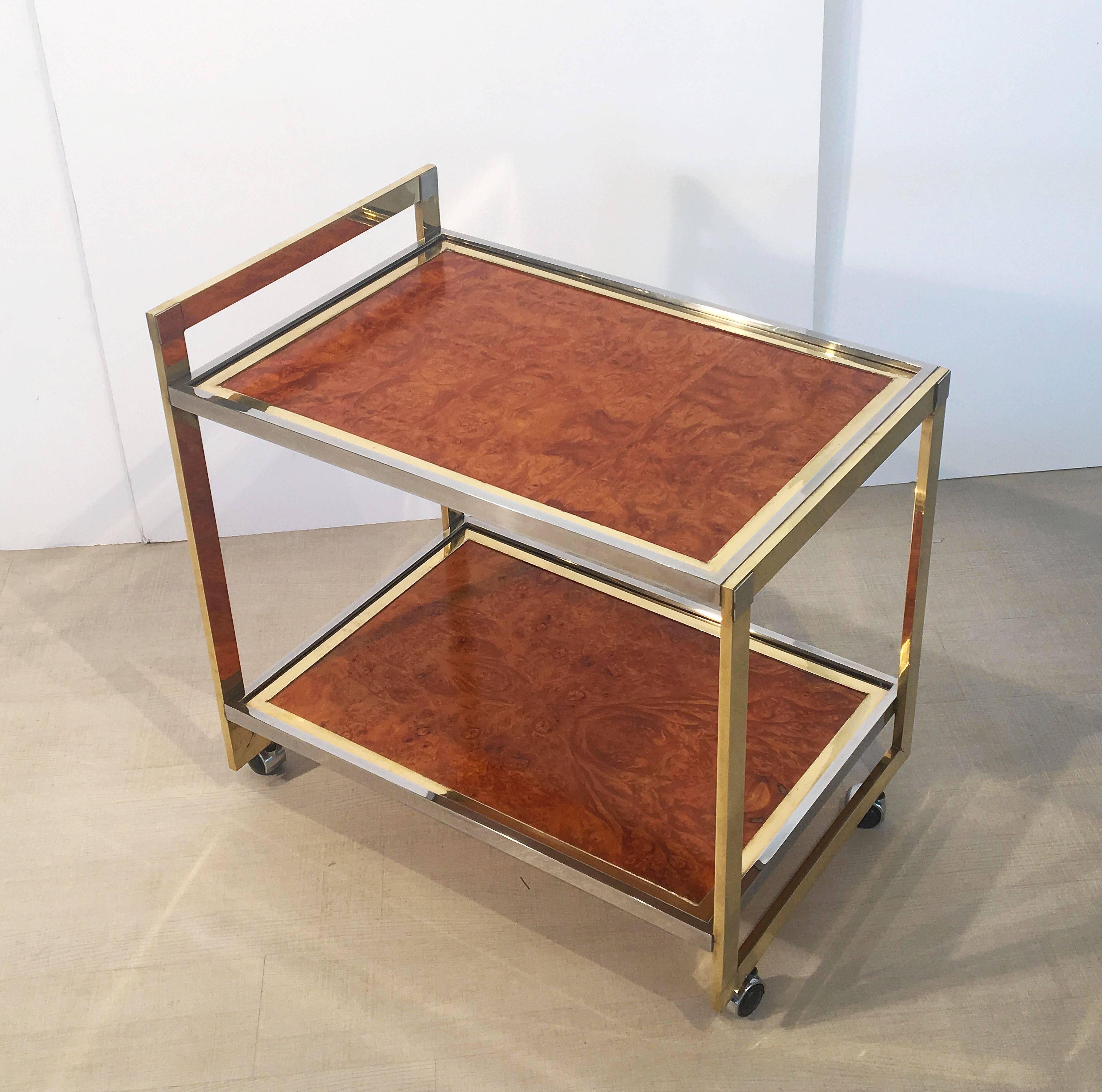 Mid-Century Modern Drinks Cart of Brass, Chrome, and Burled Wood in the style of Willy Rizzo For Sale