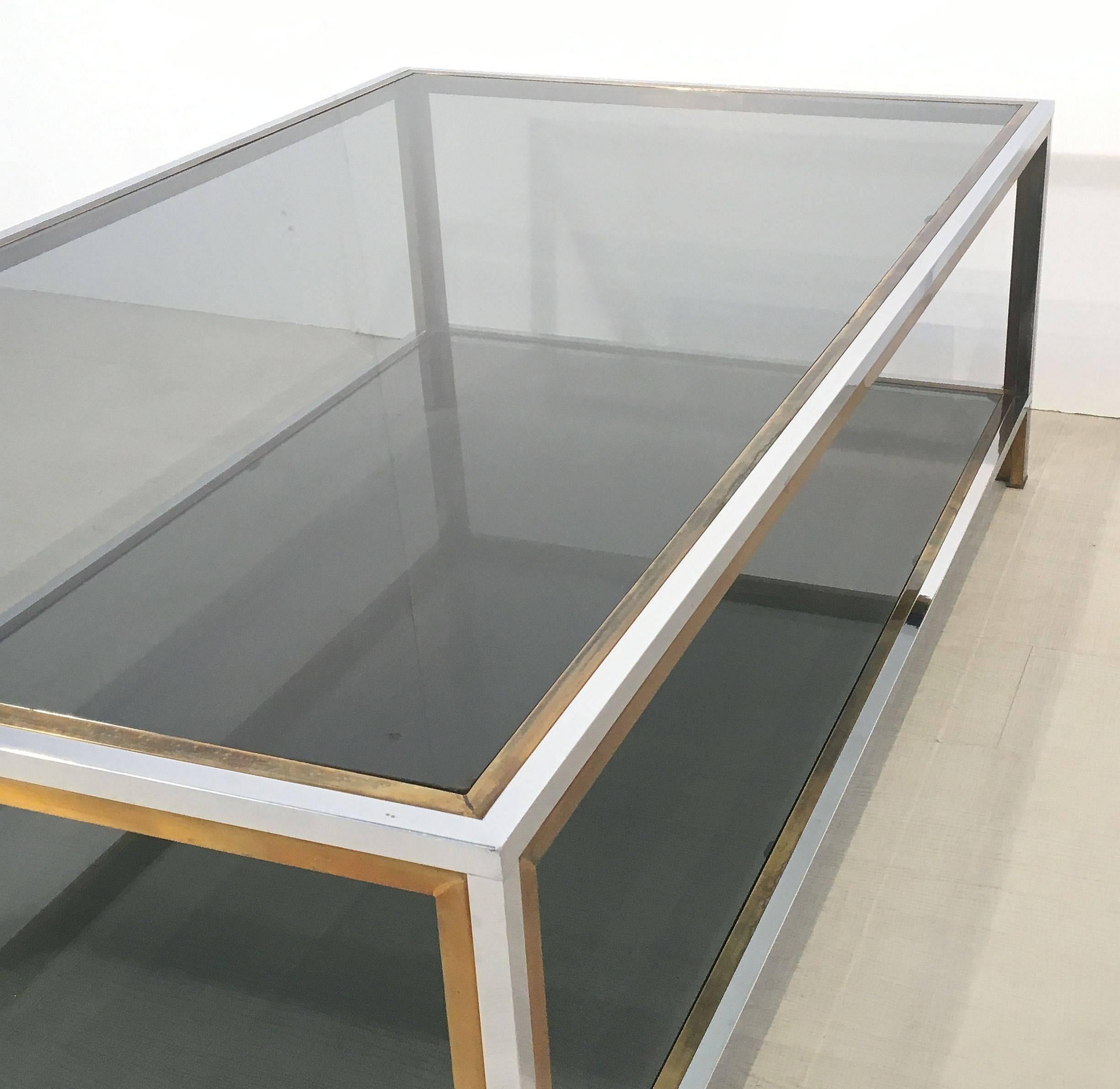 Large French Rectangular Low Table of Chrome, Brass and Smoked Glass 3