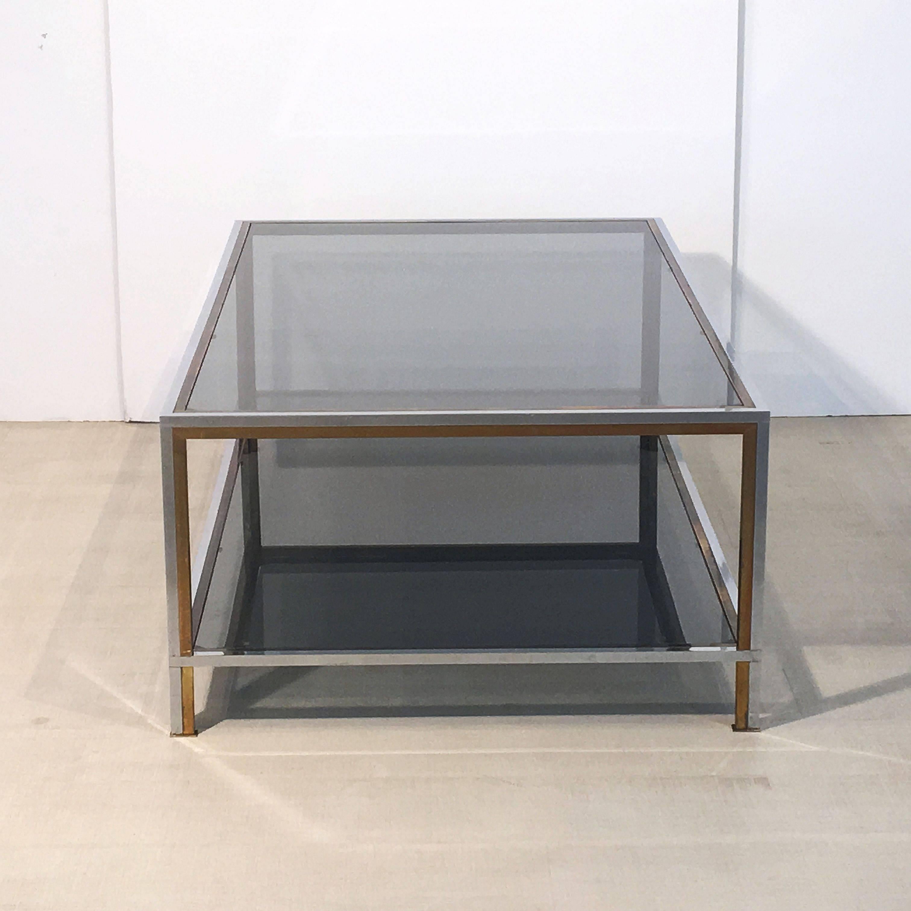 Large French Rectangular Low Table of Chrome, Brass and Smoked Glass 1