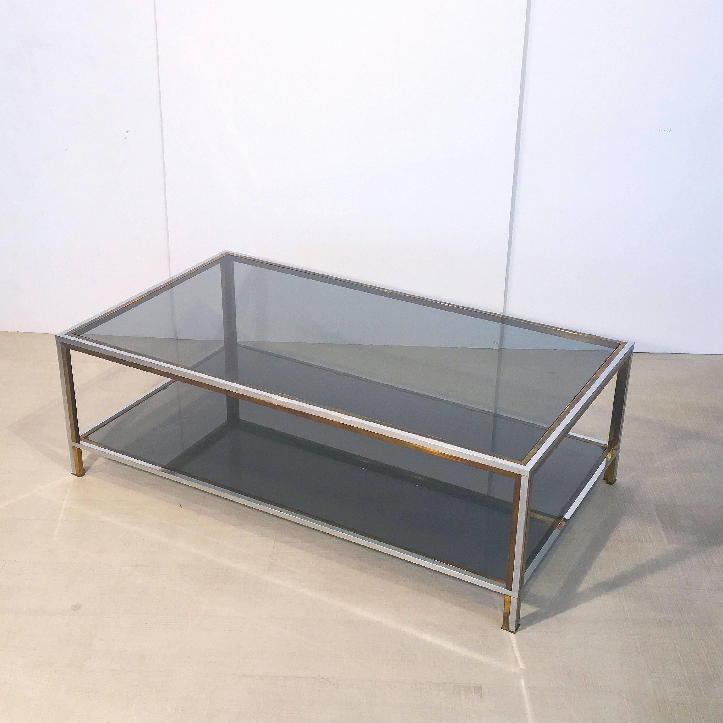 Large French Rectangular Low Table of Chrome, Brass and Smoked Glass In Good Condition In Austin, TX