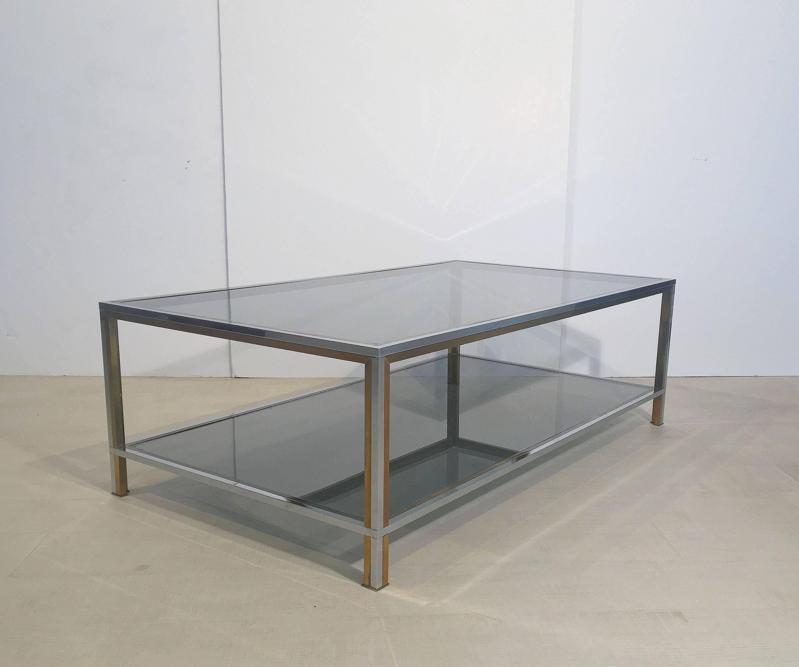 Metal Large French Rectangular Low Table of Chrome, Brass and Smoked Glass