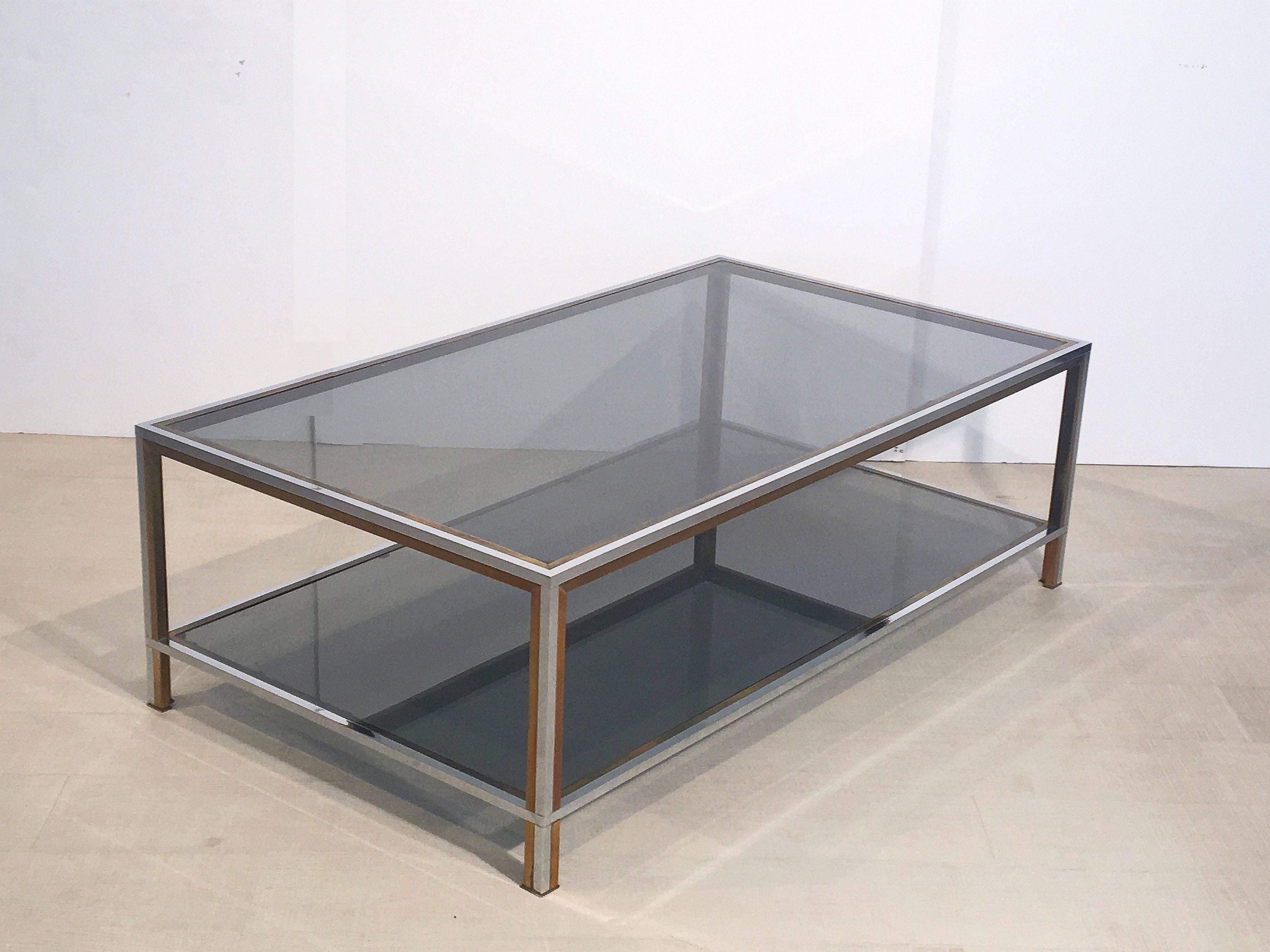 Mid-Century Modern Large French Rectangular Low Table of Chrome, Brass and Smoked Glass