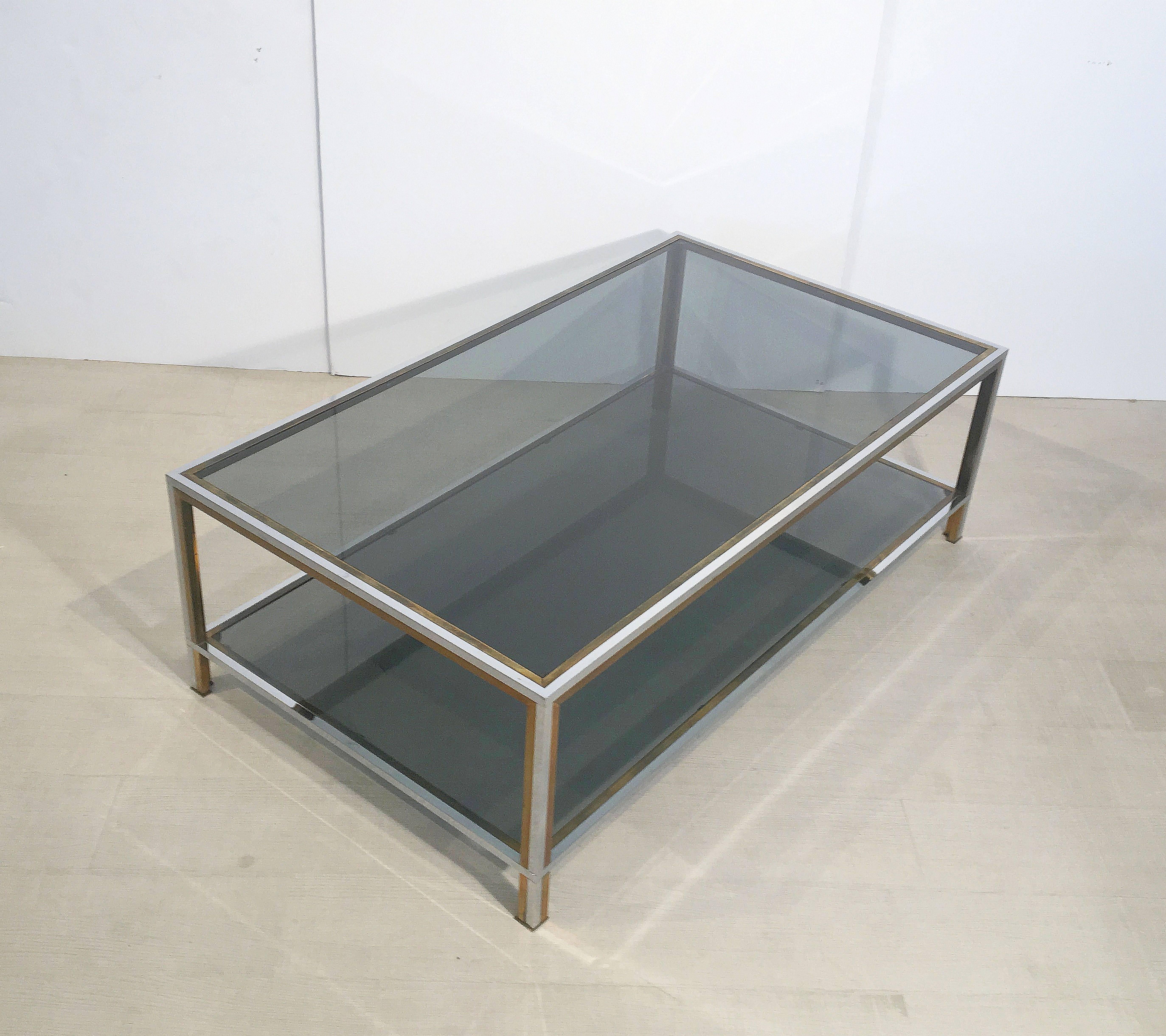 20th Century Large French Rectangular Low Table of Chrome, Brass and Smoked Glass