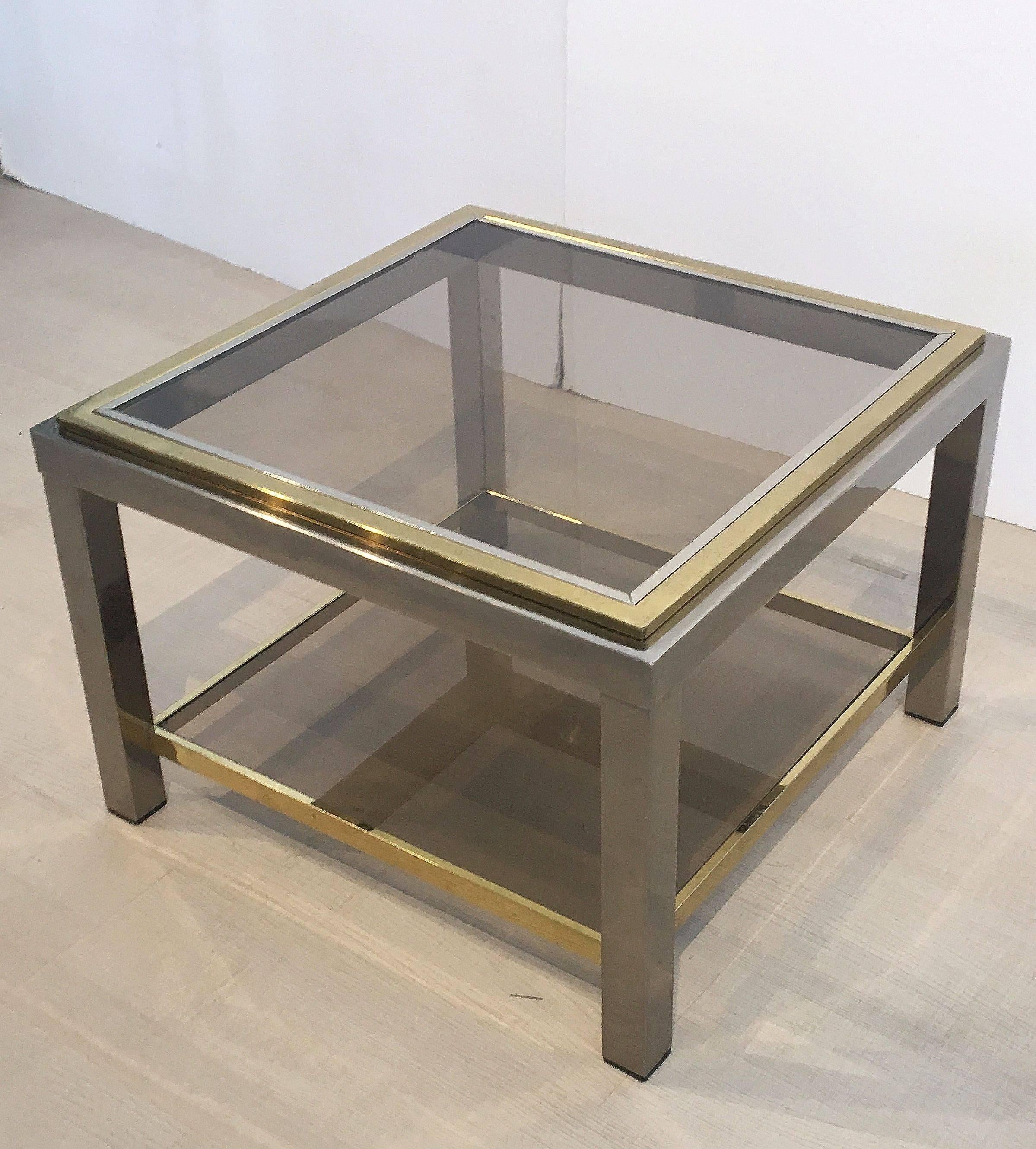 Italian Square Low Table of Brass, Chrome, and Smoked Glass by Zevi In Good Condition For Sale In Austin, TX