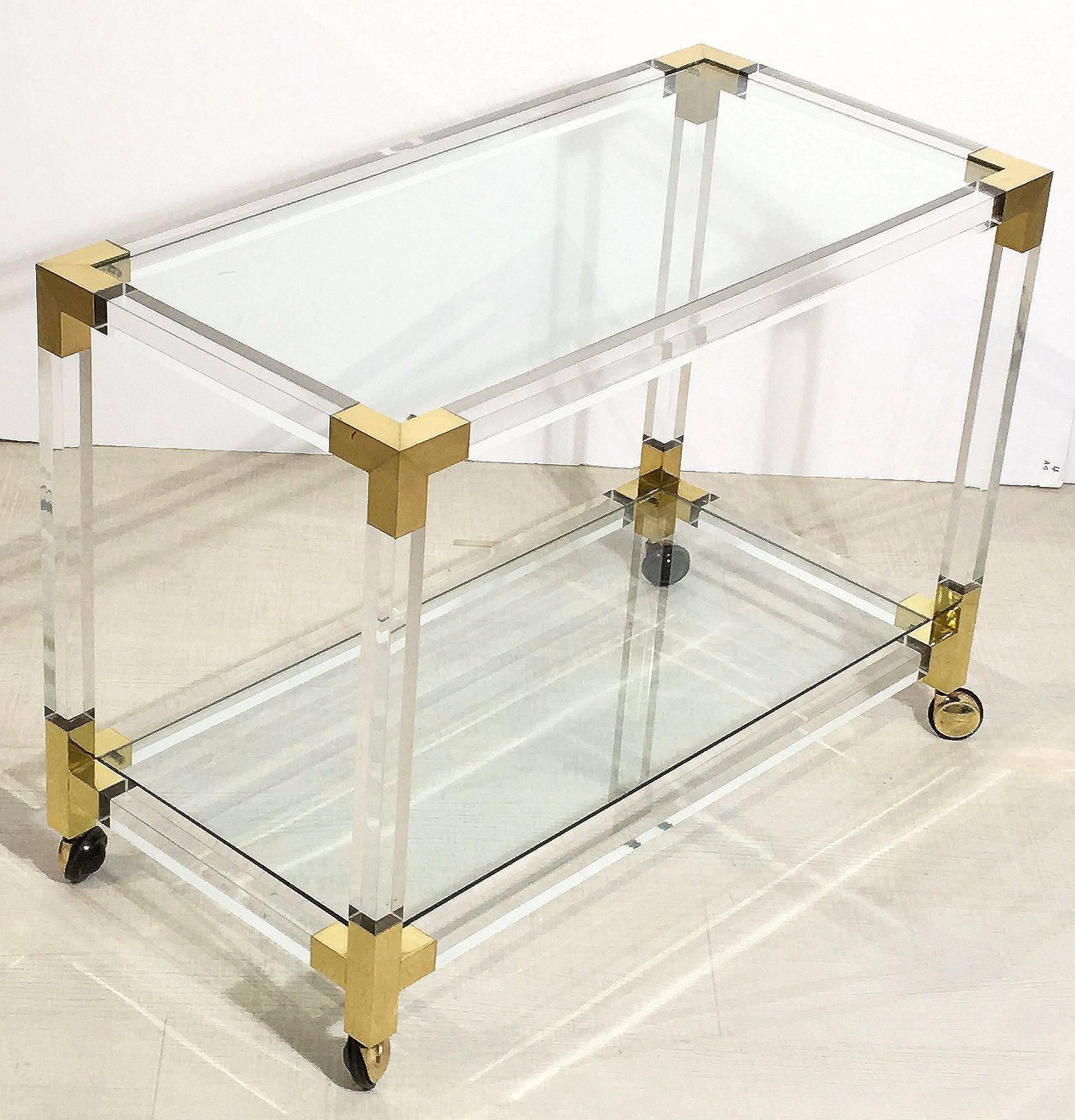 English French Drinks Cart Trolley or Bar Cart of Lucite, Brass and Glass