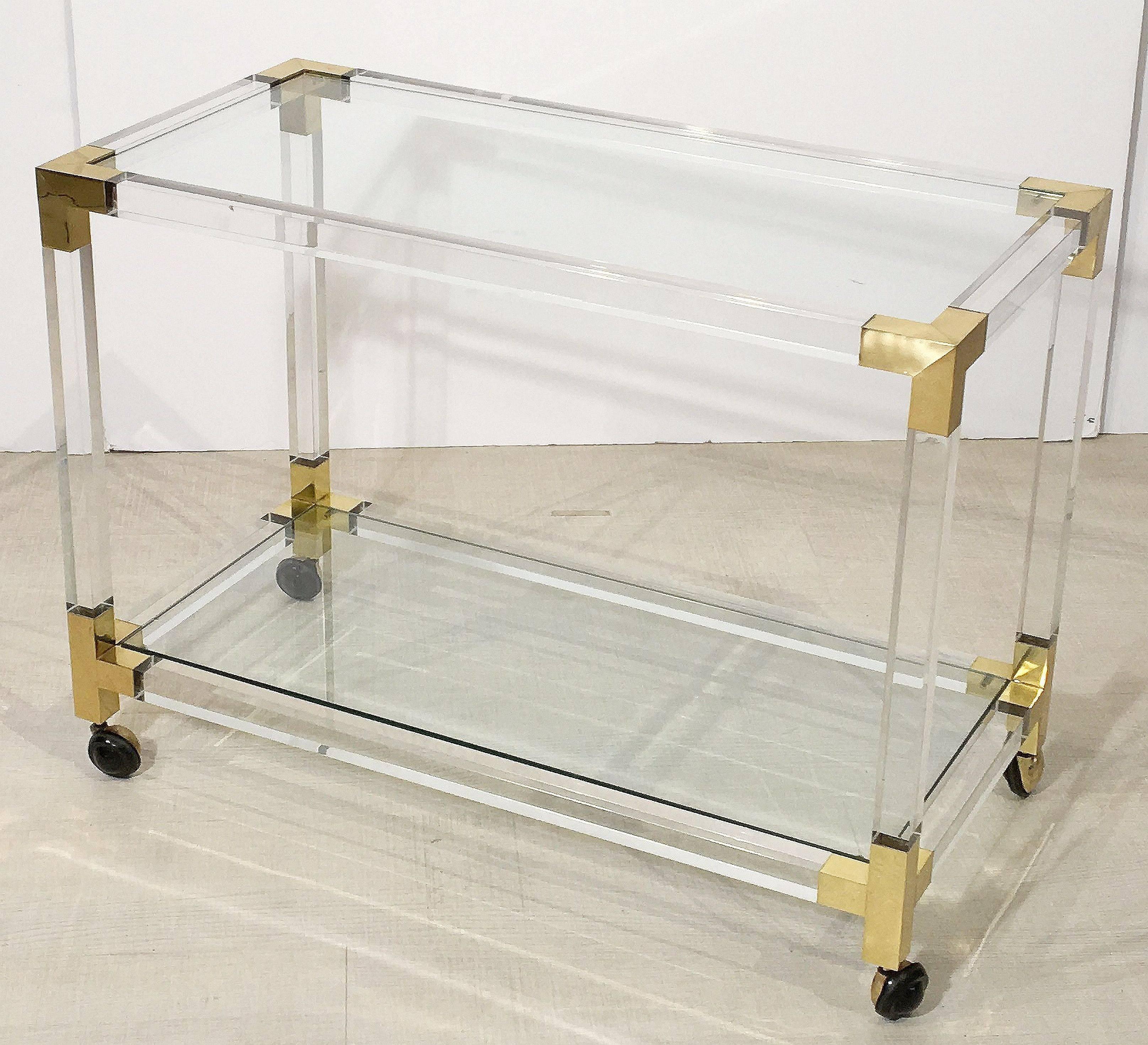 Modern French Drinks Cart Trolley or Bar Cart of Lucite, Brass and Glass