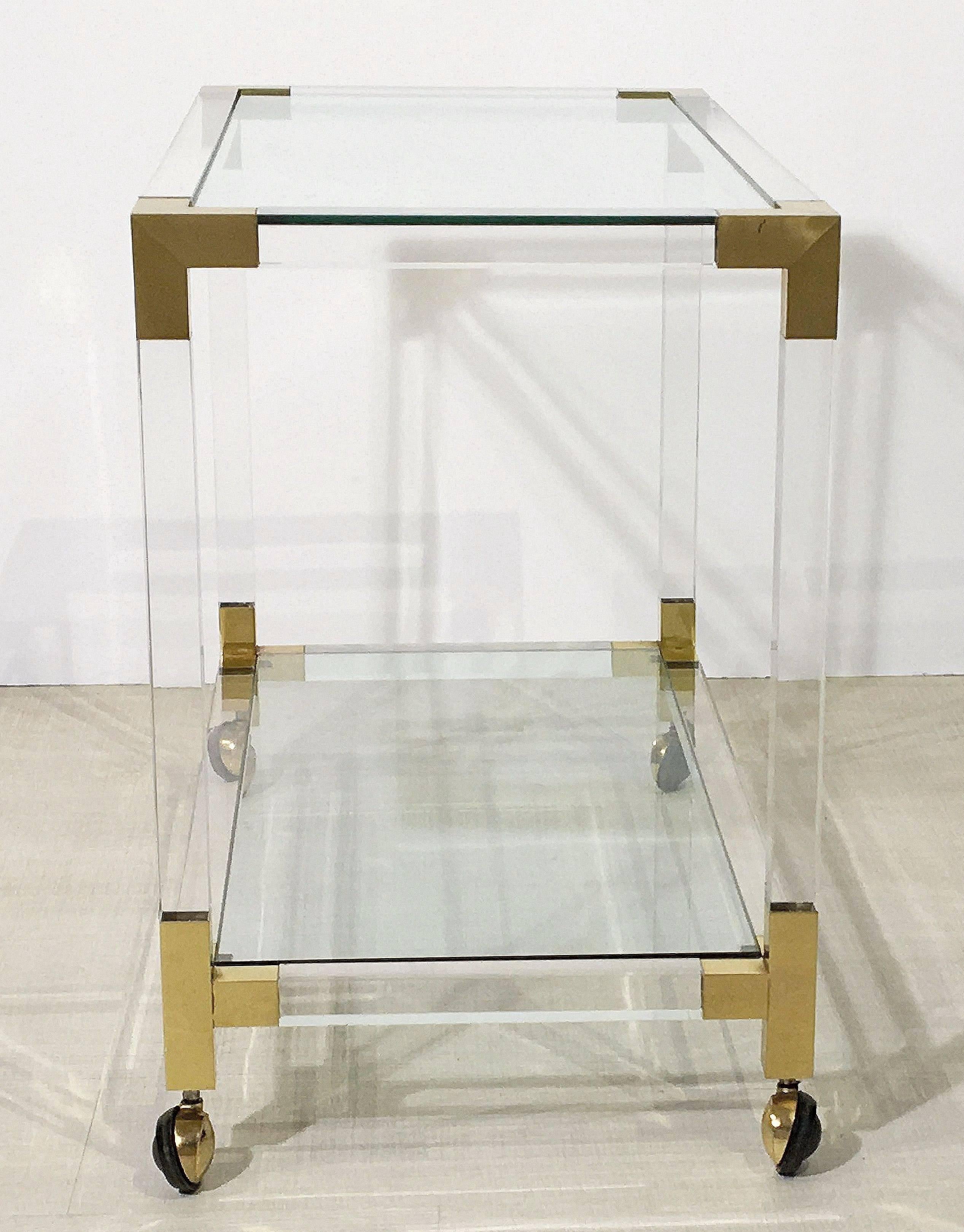 French Drinks Cart Trolley or Bar Cart of Lucite, Brass and Glass 1
