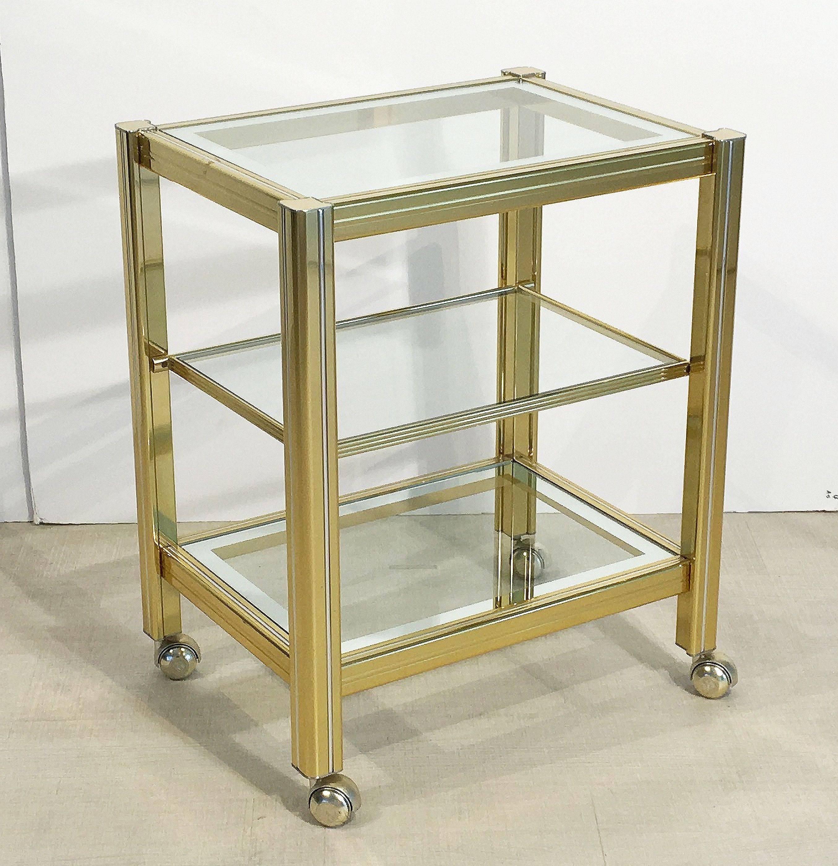 Italian Drinks Cart Trolley or Bar Cart of Brass and Glass For Sale 1