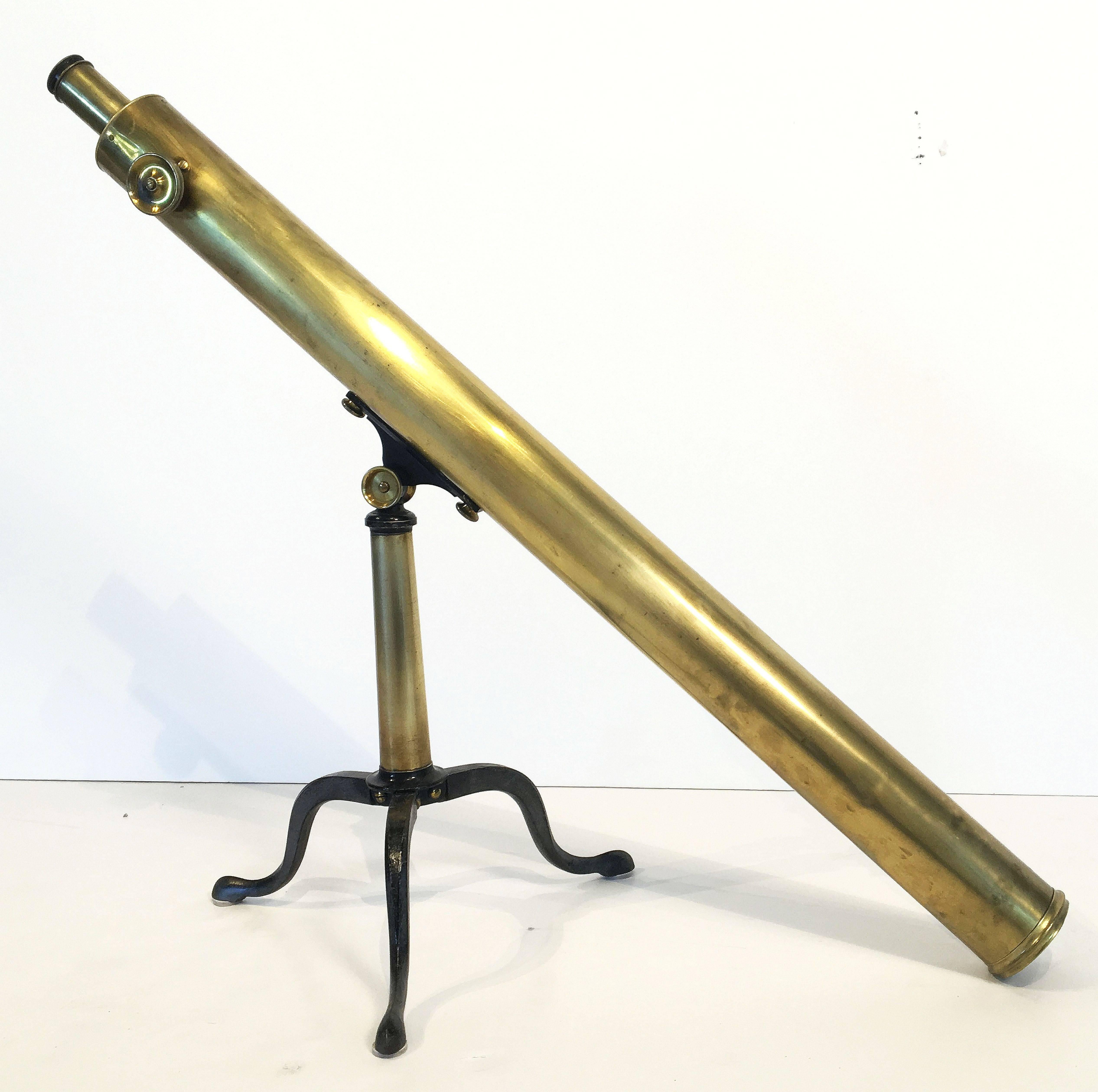 19th Century Large Brass Library Telescope on Folding Tripod Base from Scotland