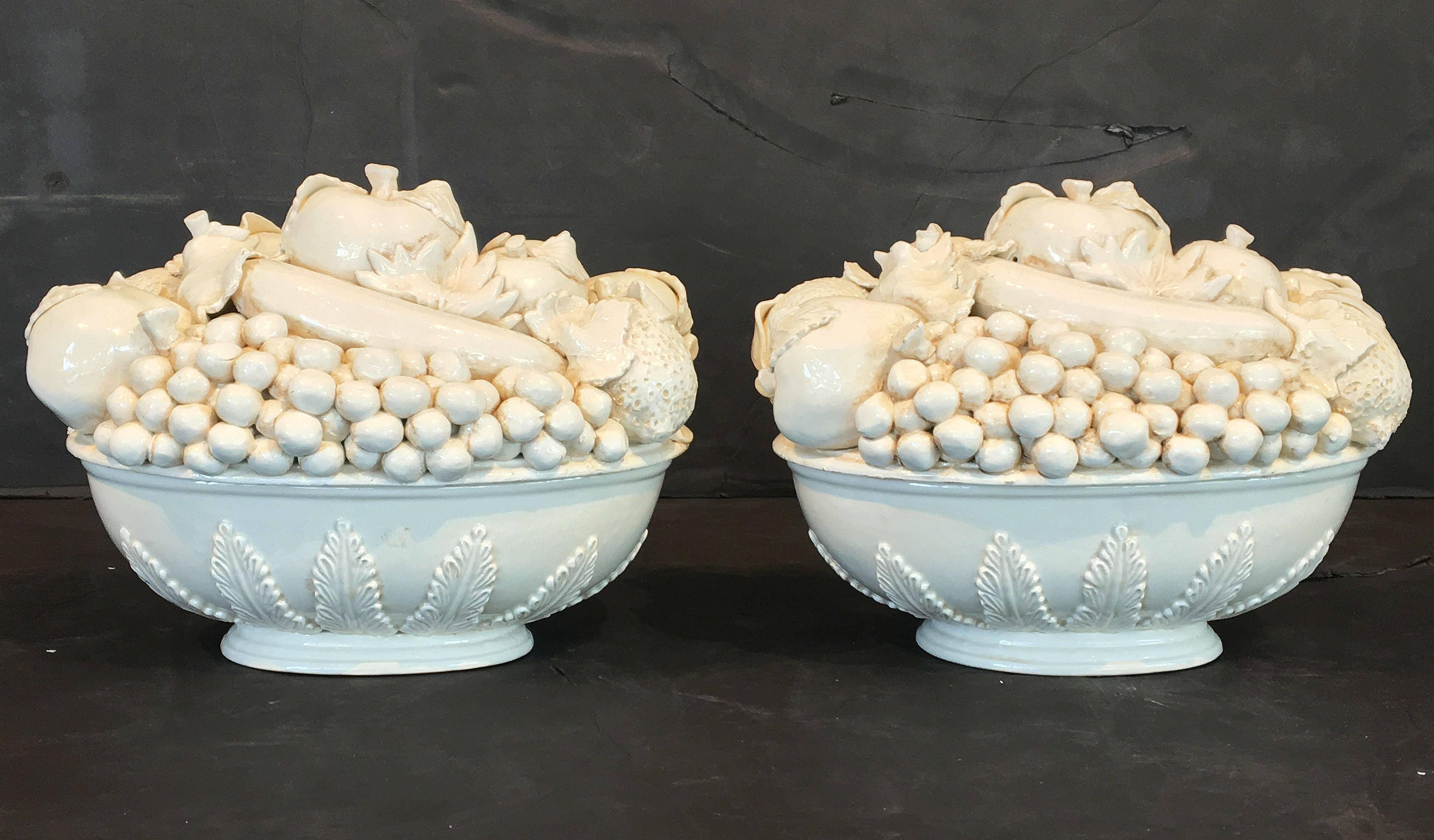 Glazed Pair of Italian Fruit Bowls with Lids