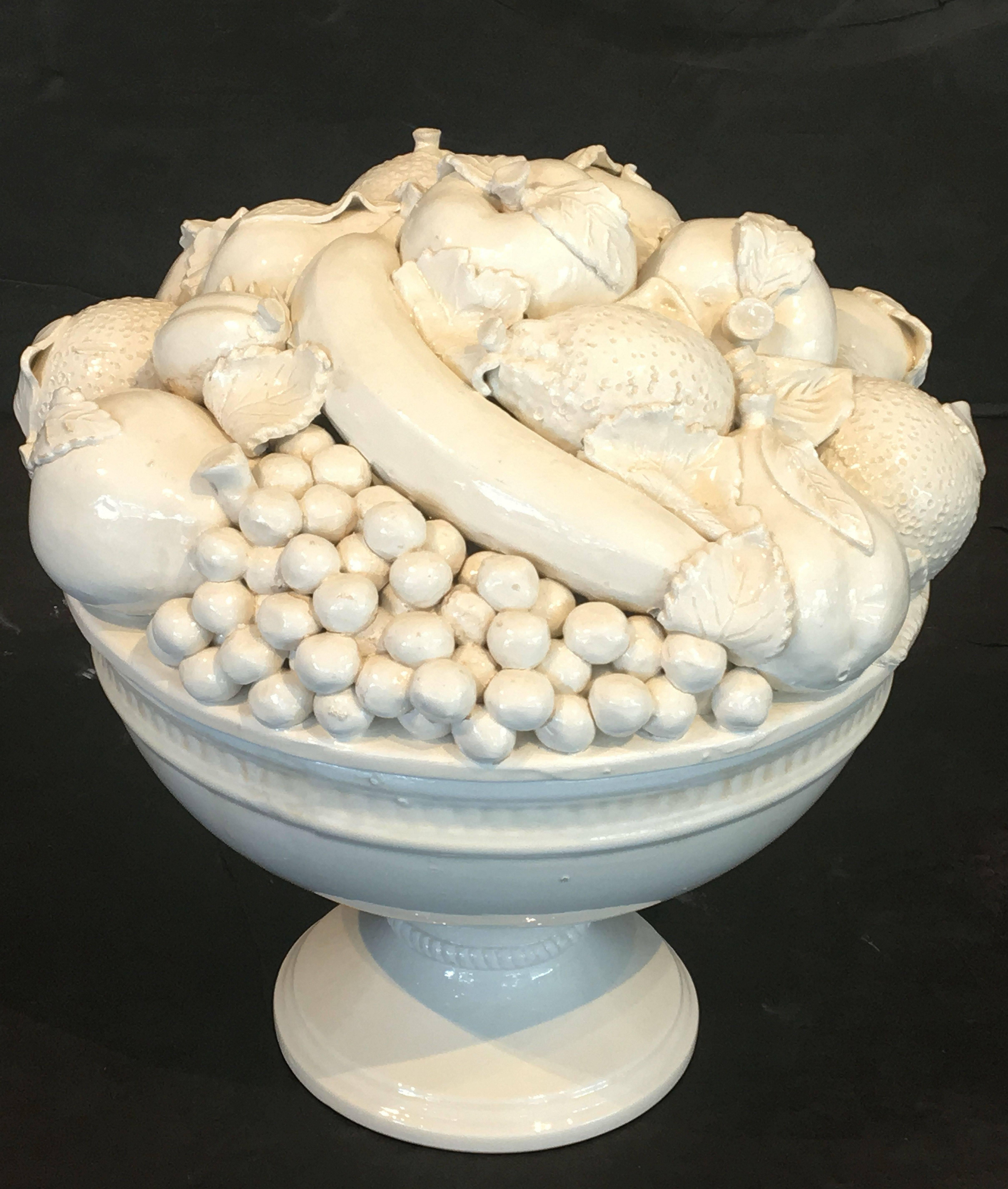 white fruit bowl pedestal