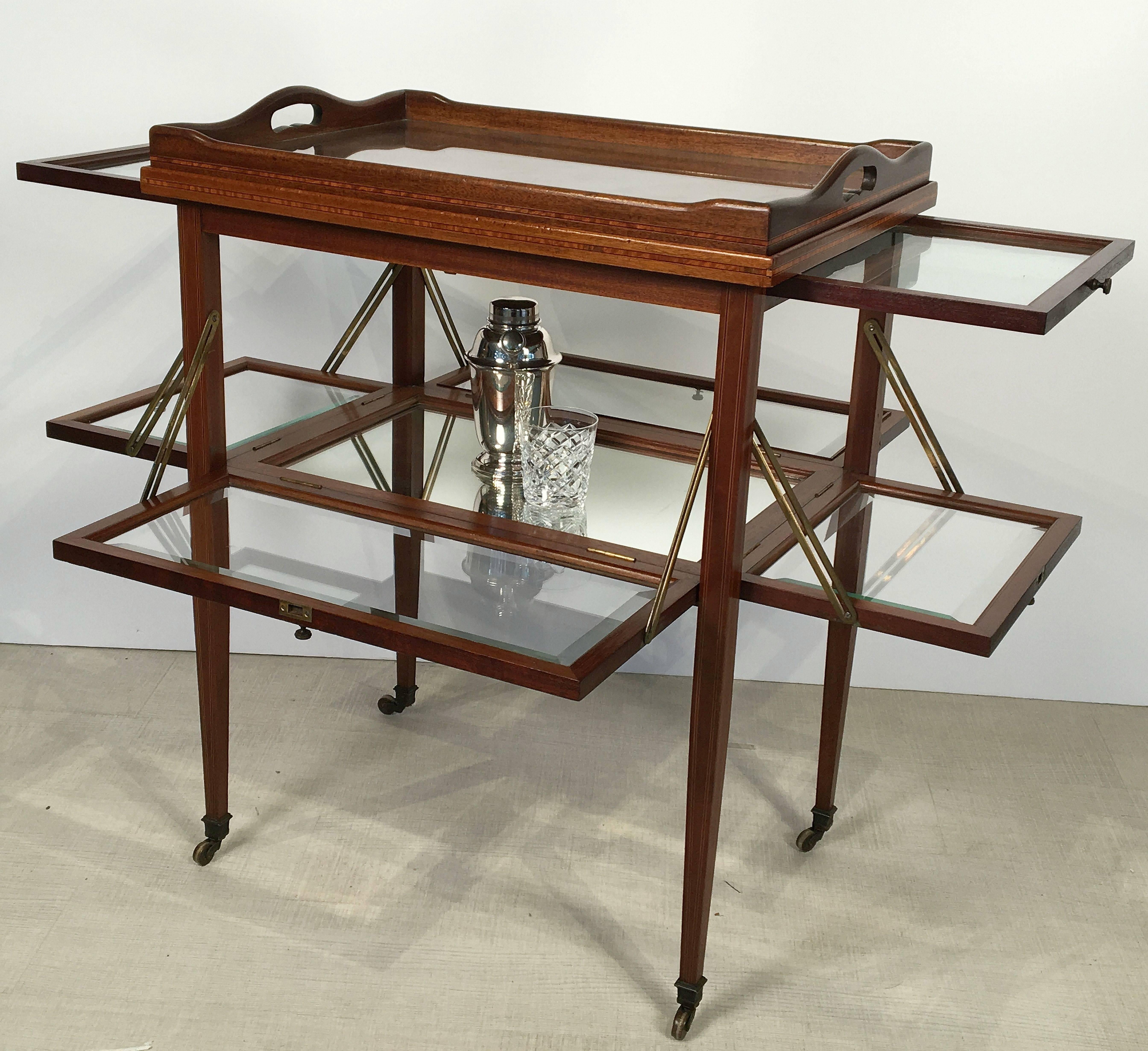 Beveled English Drinks Cart or Fold-Down Tea Table with Removable Tray Top