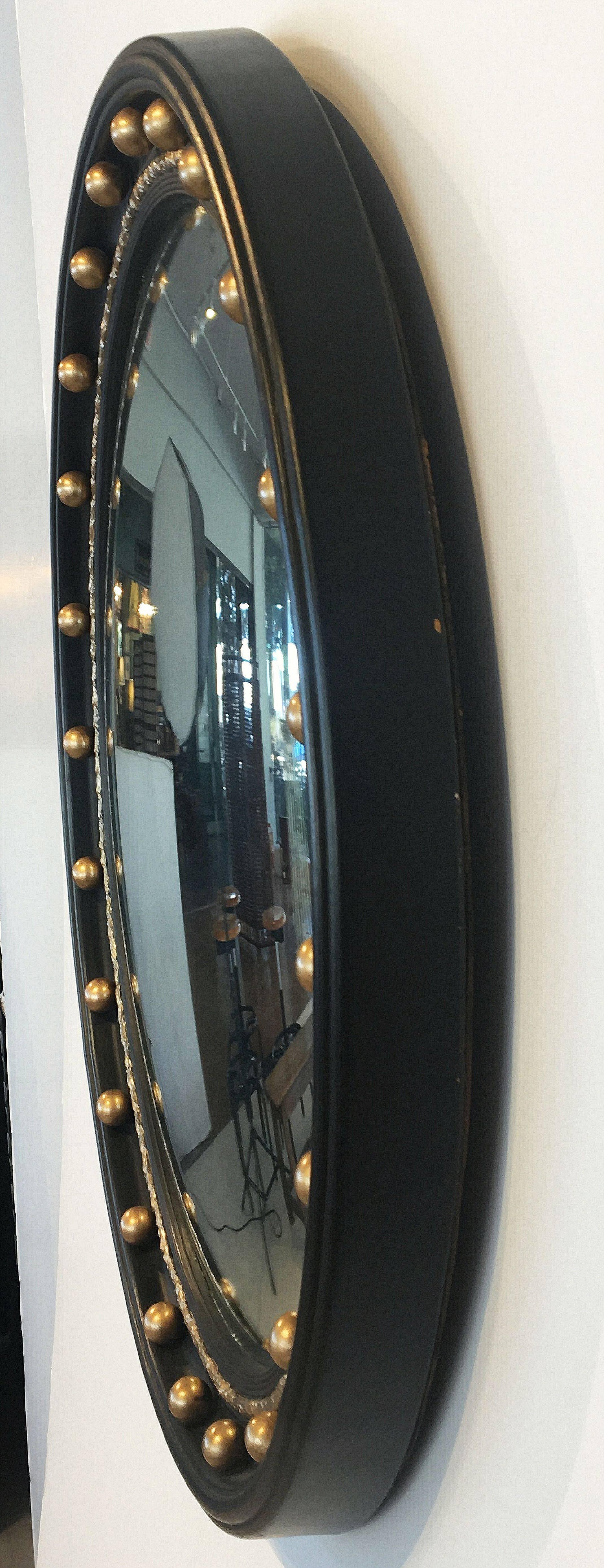 Regency English Round Ebony Black and Gold Framed Convex Mirror (Diameter 24 1/2)