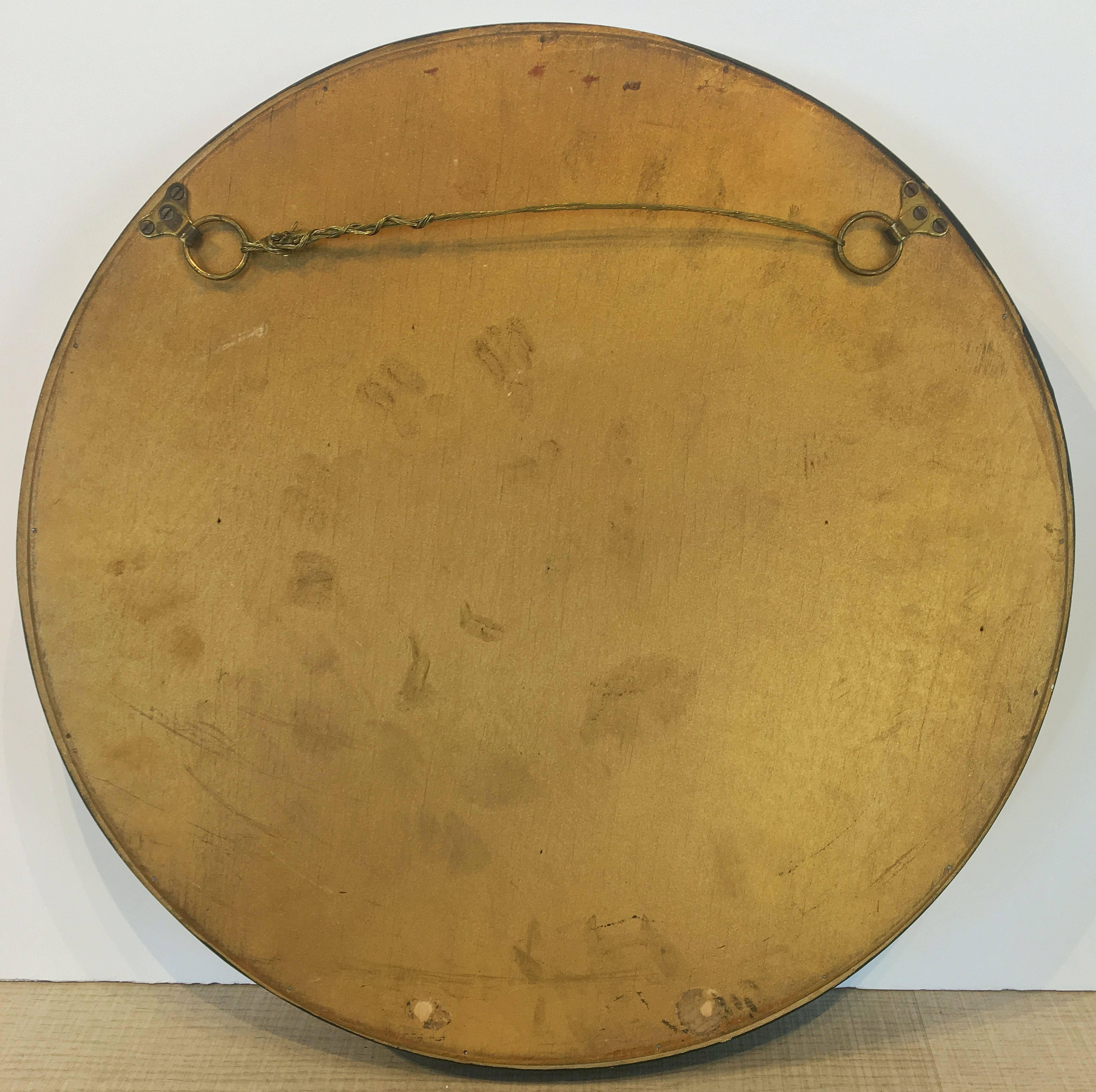 Glass English Round Ebony Black and Gold Framed Convex Mirror (Diameter 17 1/4)
