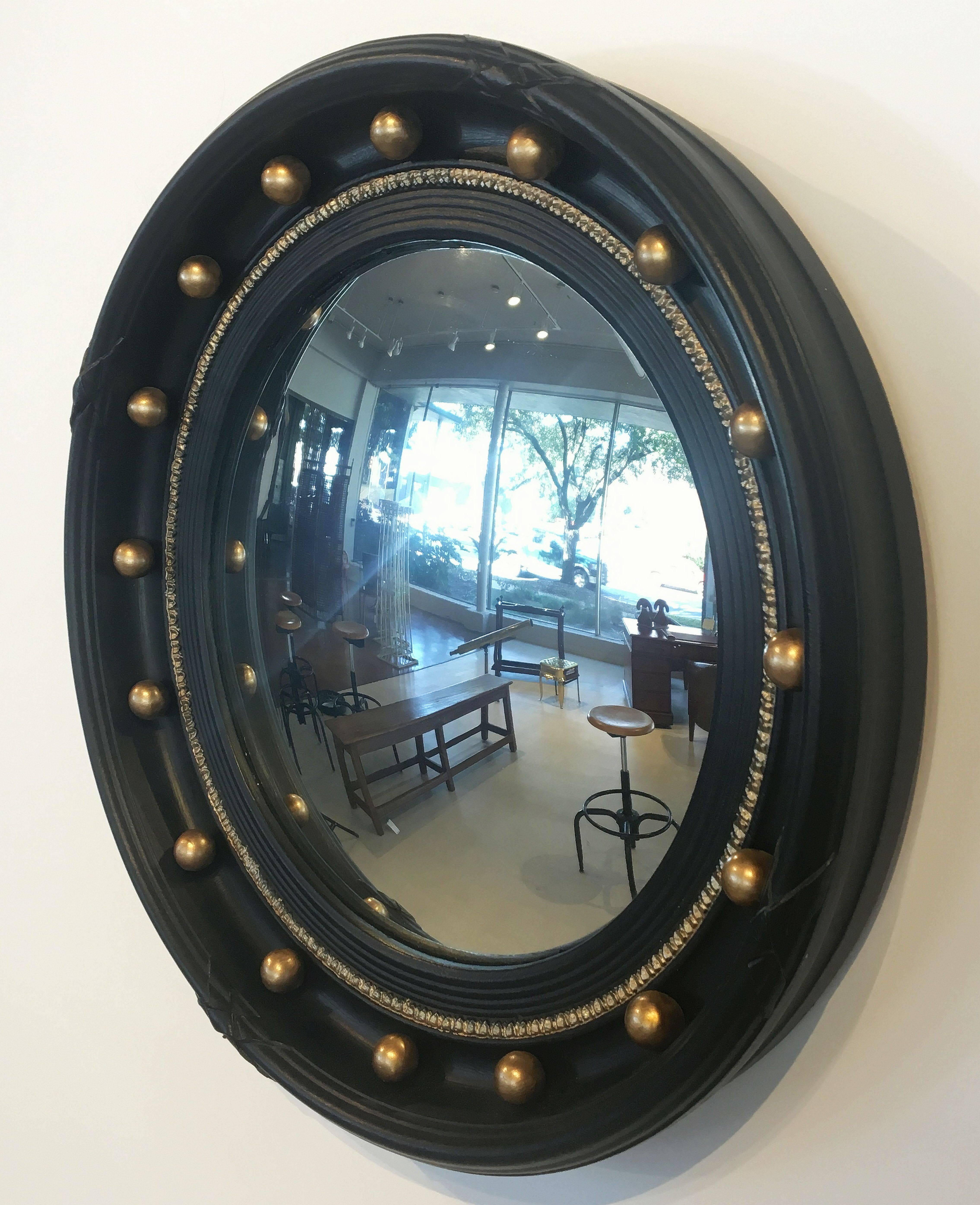 20th Century English Round Ebony Black and Gold Framed Convex Mirror (Diameter 17 1/4)