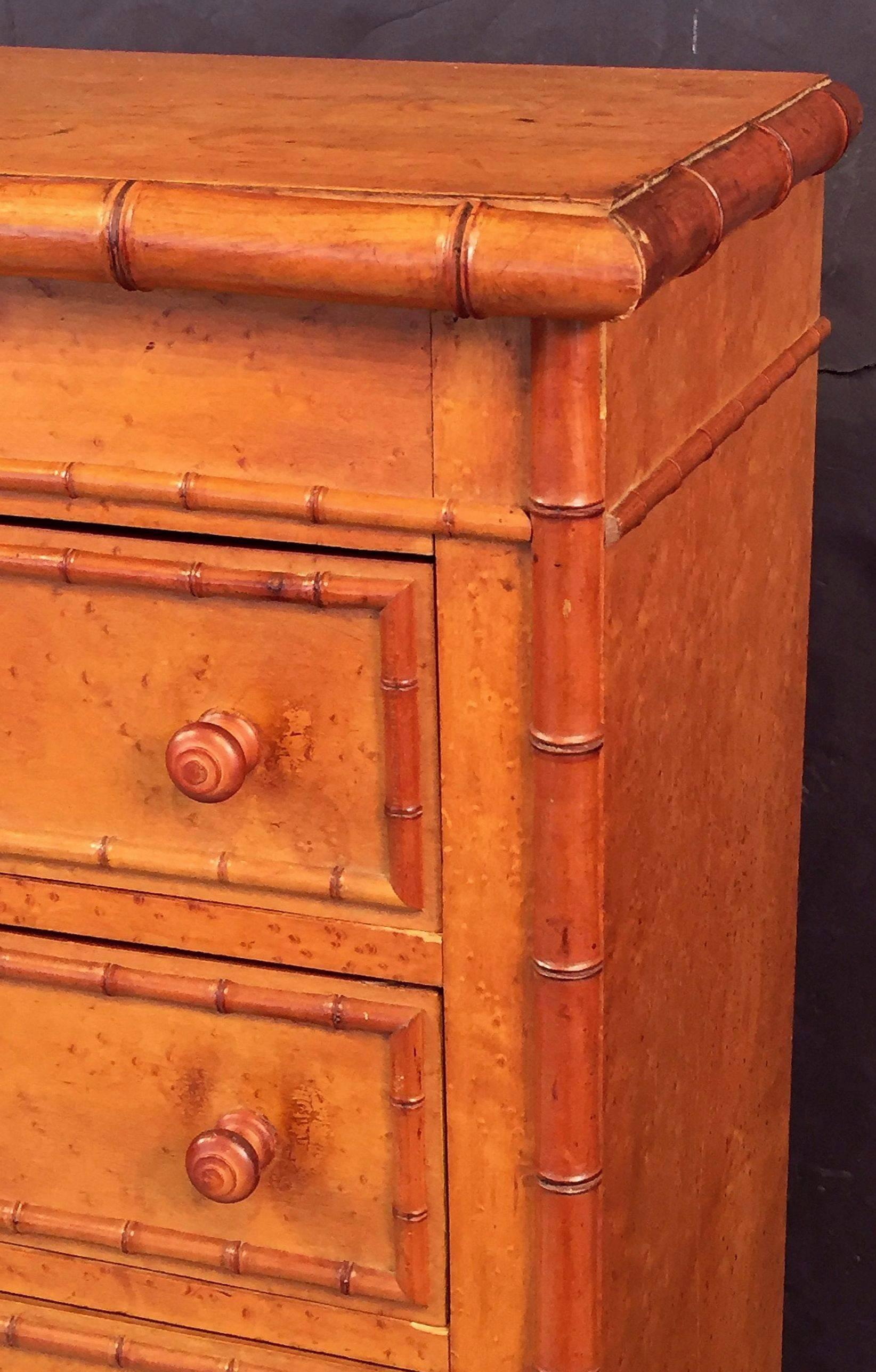 Faux Bamboo Wellington Collector's Cabinet or Chest of Drawers of Curly Maple In Excellent Condition In Austin, TX