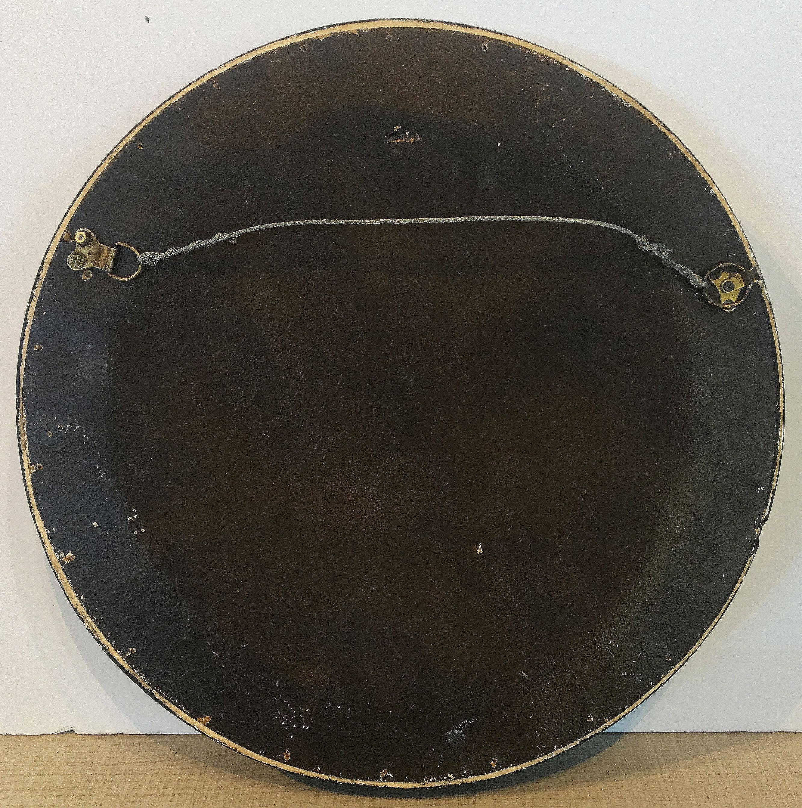 20th Century English Round Ebony Black and Gold Framed Convex Mirror (Diameter 16 1/2)