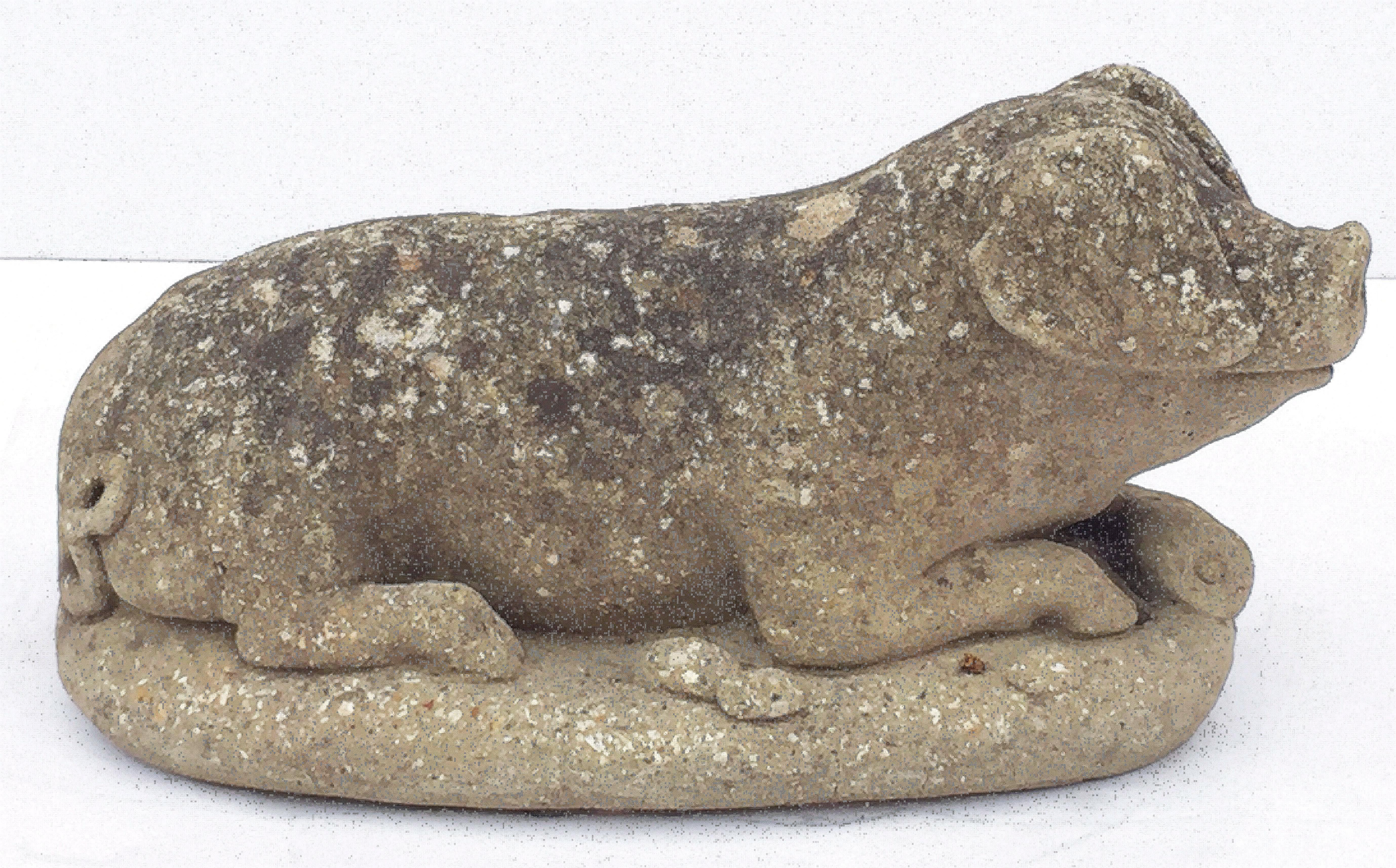 A handsome English garden stone pig or hog, of composition stone, modeled as recumbent or lying down, on raised oval base.

Perfect for a garden room or conservatory.