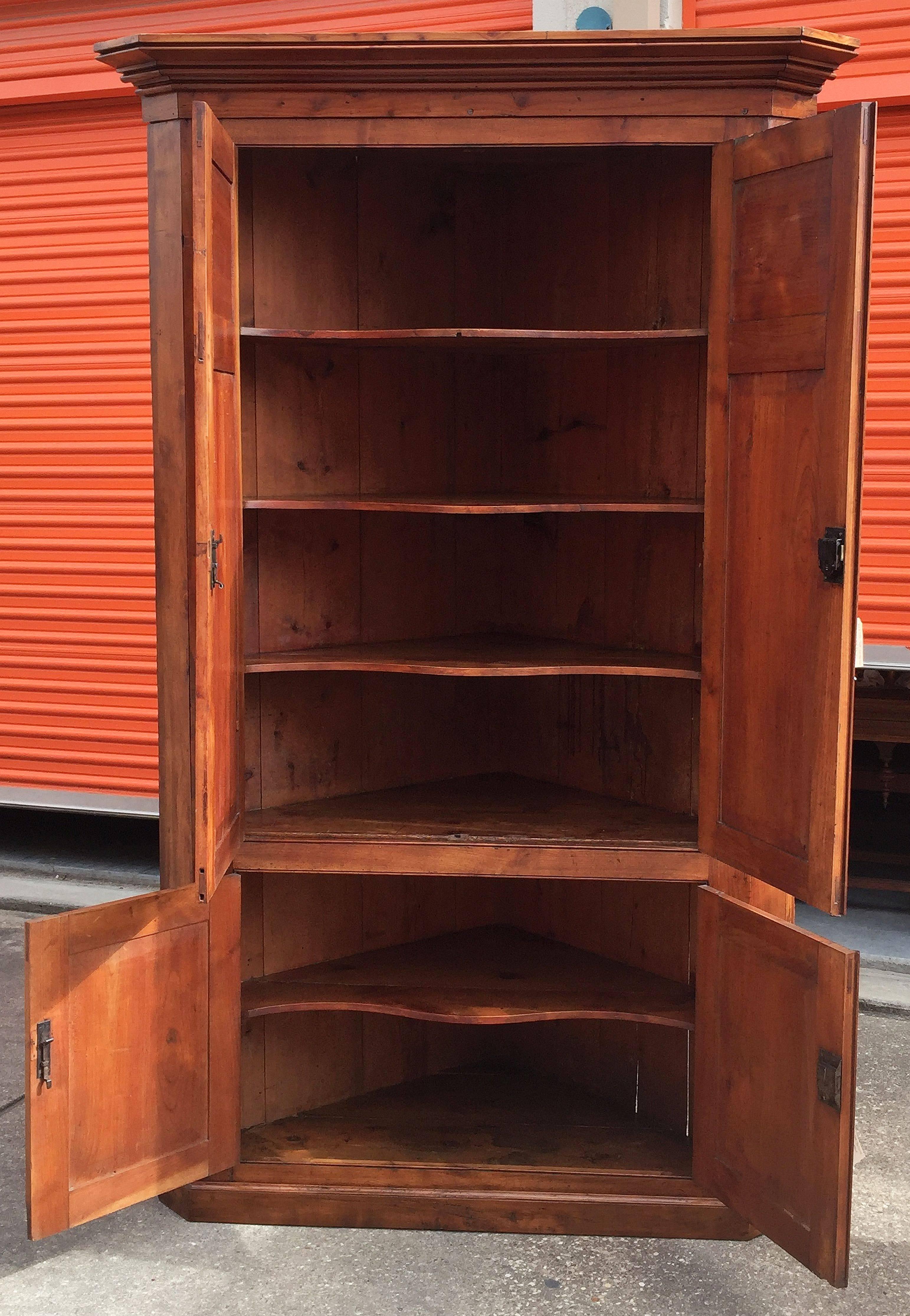 19th Century Large Two-Tiered Corner Cabinet or Cupboard of Cherry with Paneled Doors For Sale