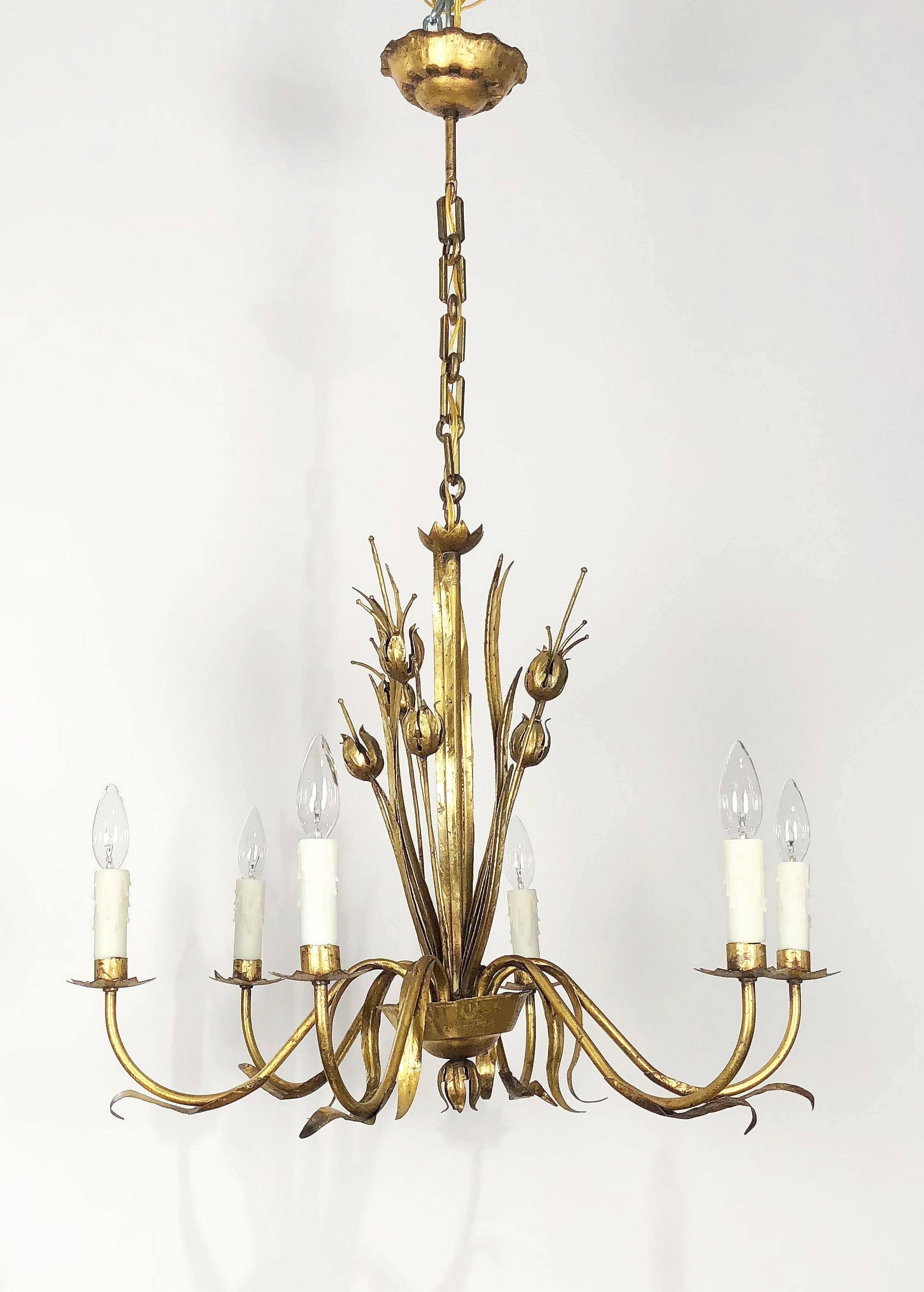 Italian Poppies Six-Light Hanging Fixture of Gilt Metal (26