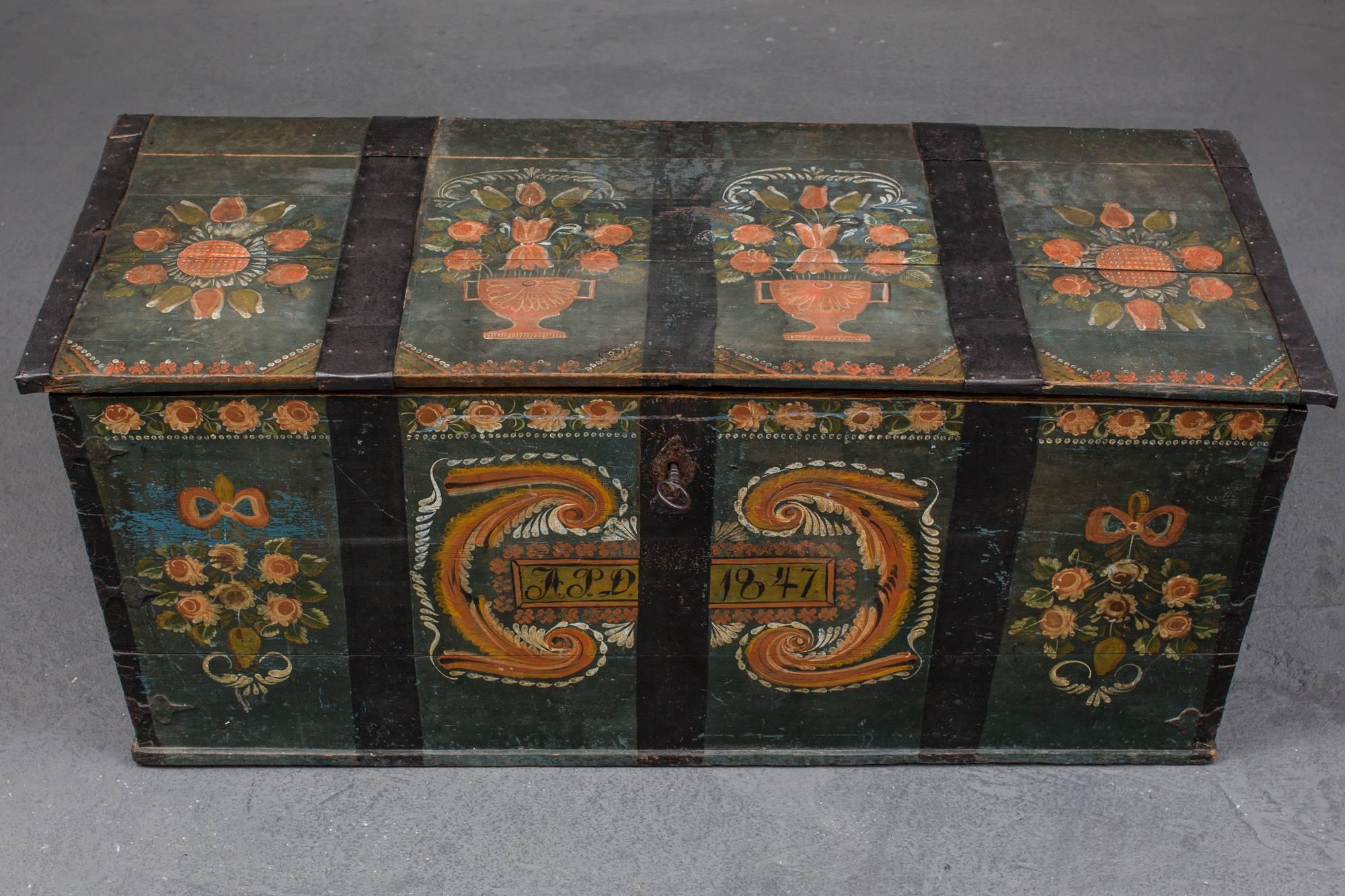 A blanket chest in allmoge made in the southern part of Sweden, 19th century, 1847. Original painting and iron banding. Dimensions: H: 25.5