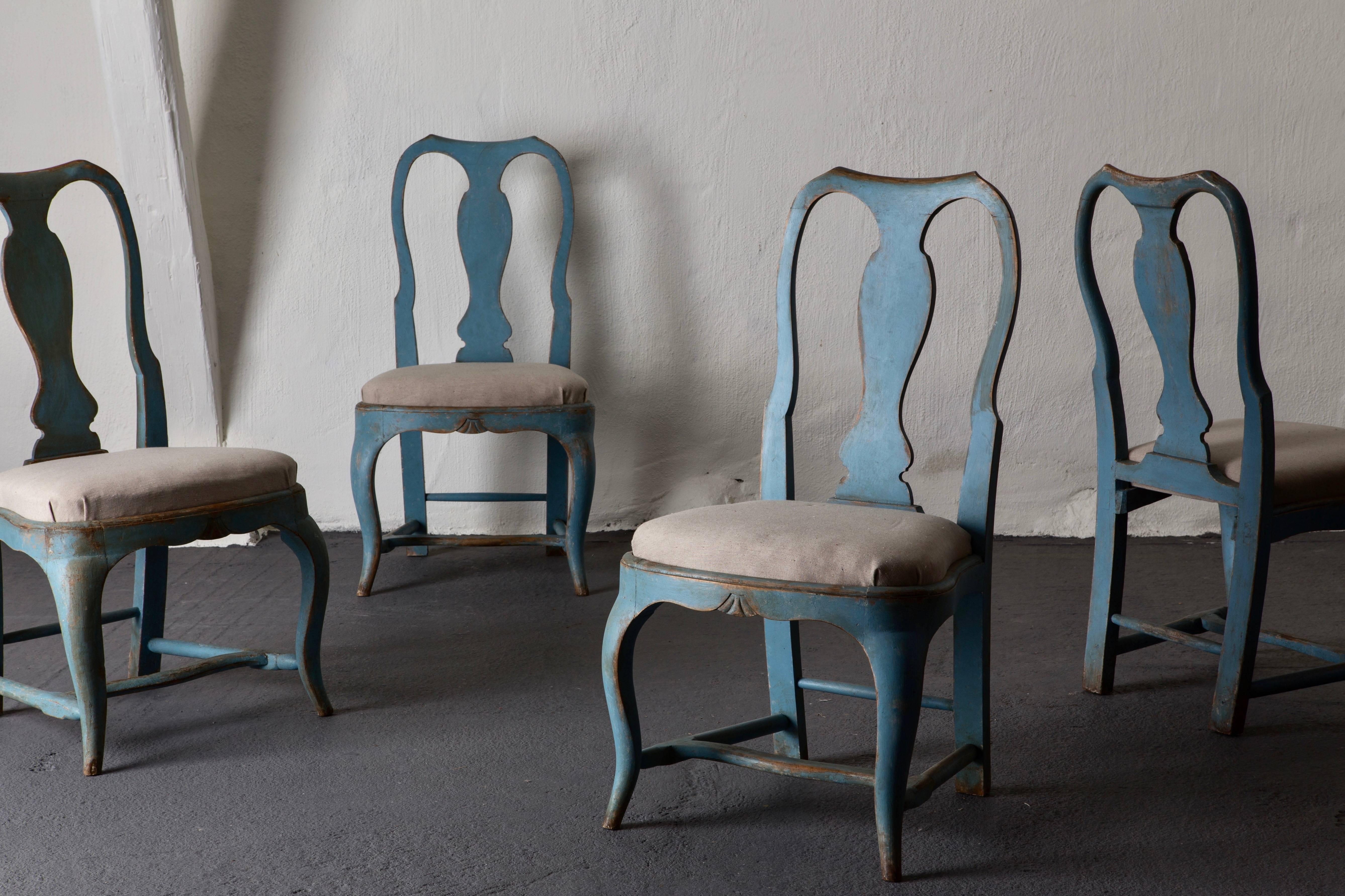 Chairs Dining Swedish Blue Set of Four Rococo, Sweden 5