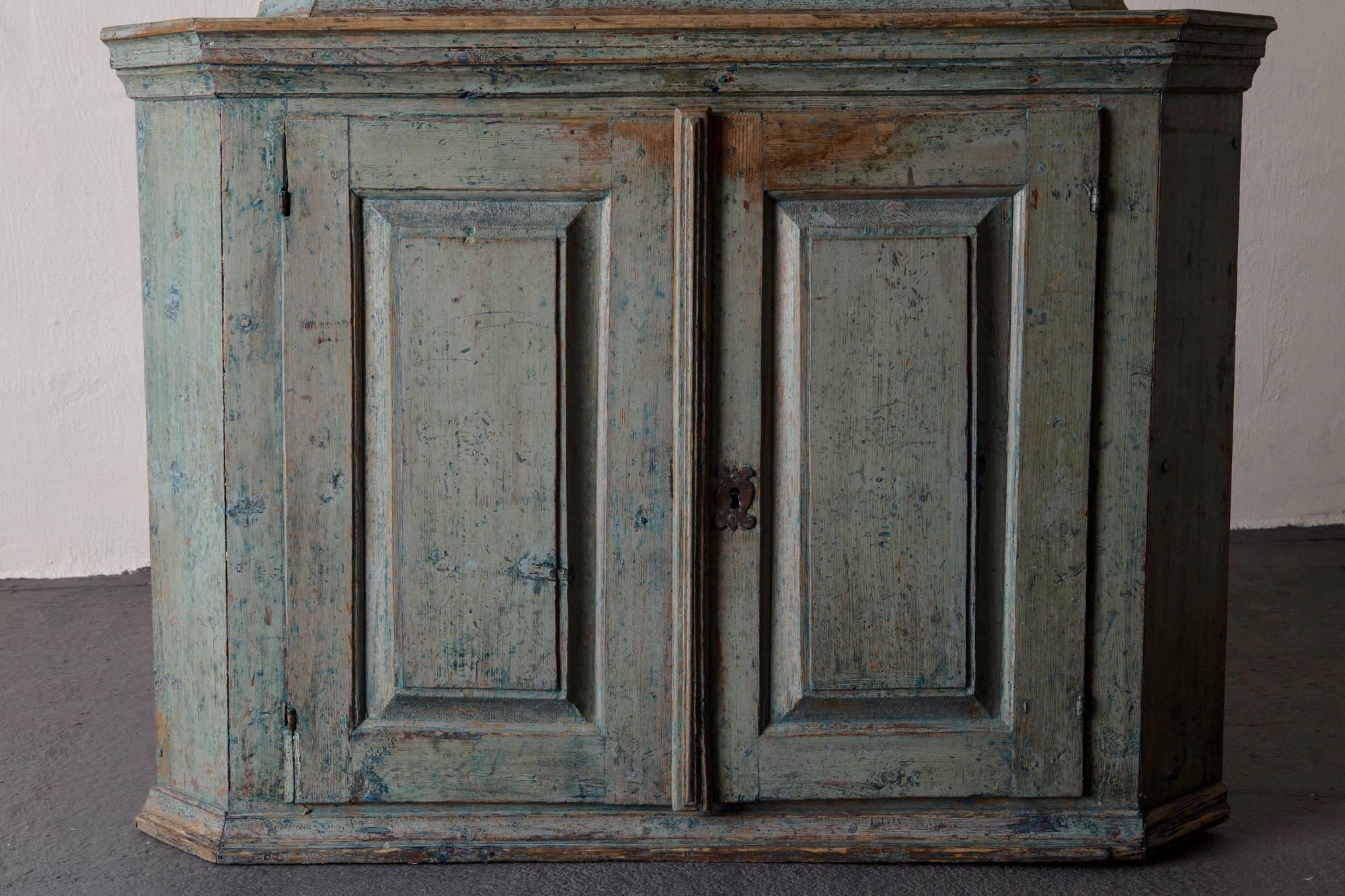 Wood Cabinet Cupboard Corner Swedish Baroque 18th Century Original Paint Green Sweden For Sale