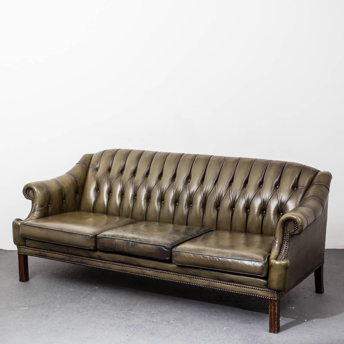 Chesterfield Green Leather Sofa, England