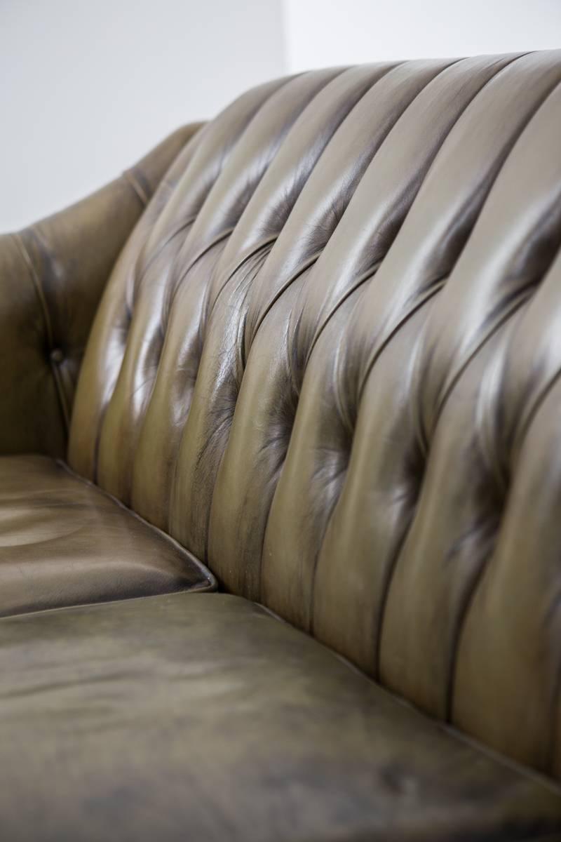 Green Leather Sofa, England 1