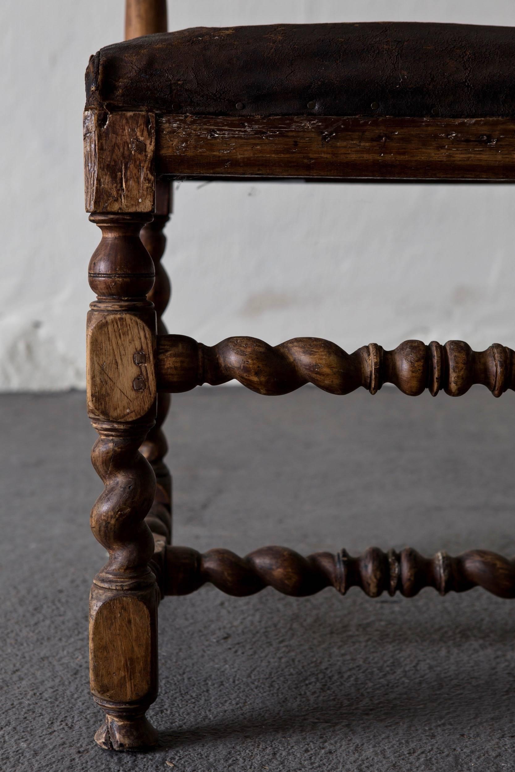 Wood Chairs Pair Swedish Original Gilded Leather Baroque Period 18th Century Sweden