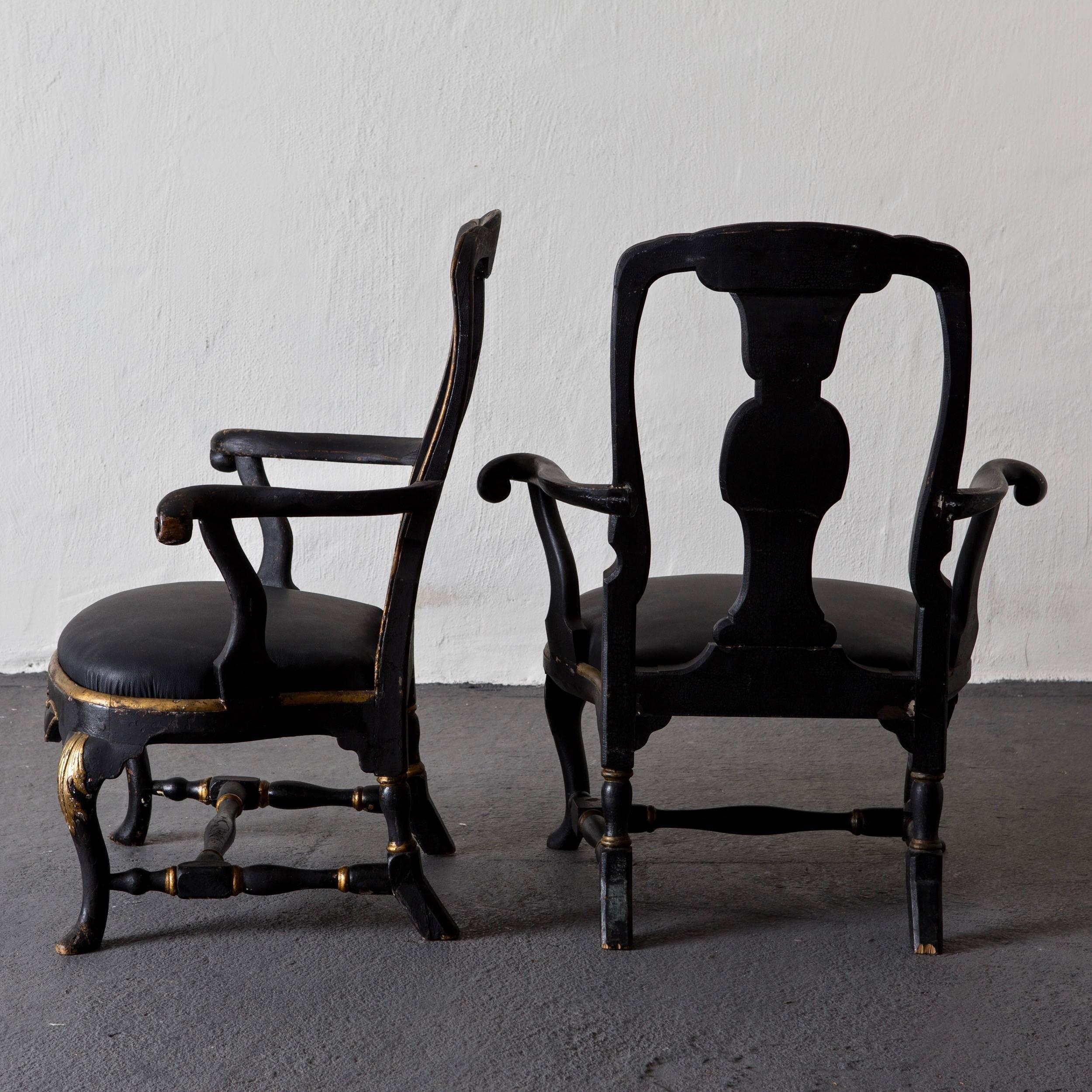 Armchairs Assembled Pair Swedish Rococo, 18th Century Period Black Sweden In Good Condition In New York, NY