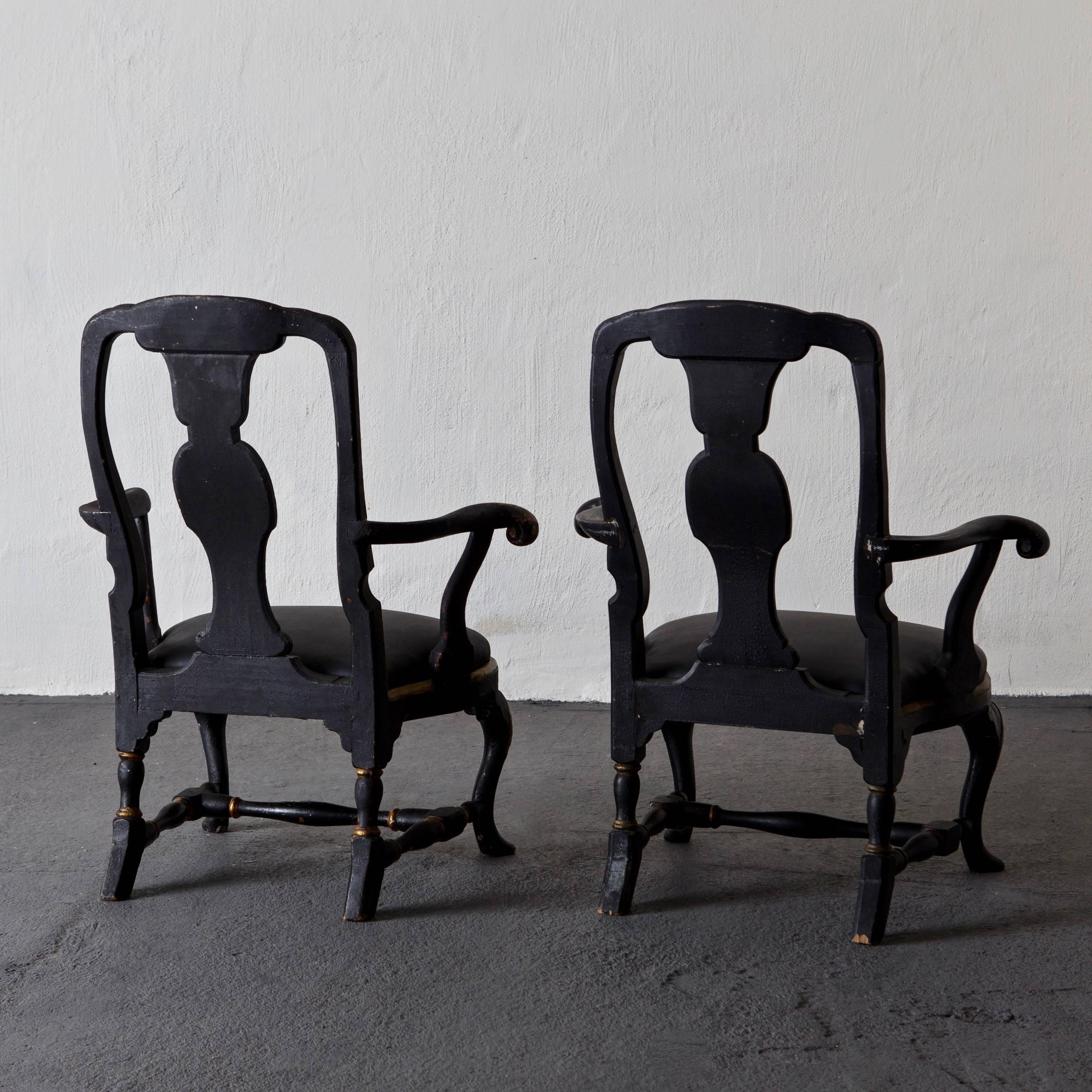 Mid-18th Century Armchairs Assembled Pair Swedish Rococo, 18th Century Period Black Sweden