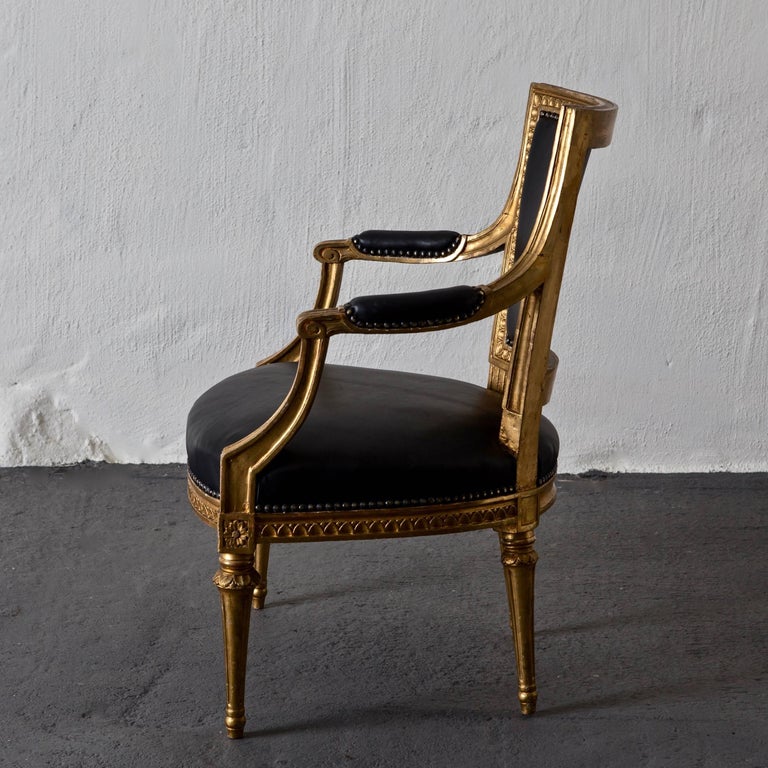 Giltwood Armchairs Pair Swedish Gilt Wood Black Leather Gustavian Sweden For Sale