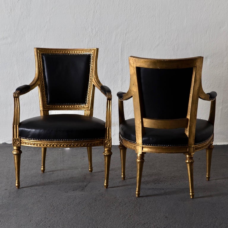 Armchairs Pair Swedish Gilt Wood Black Leather Gustavian Sweden For Sale 1