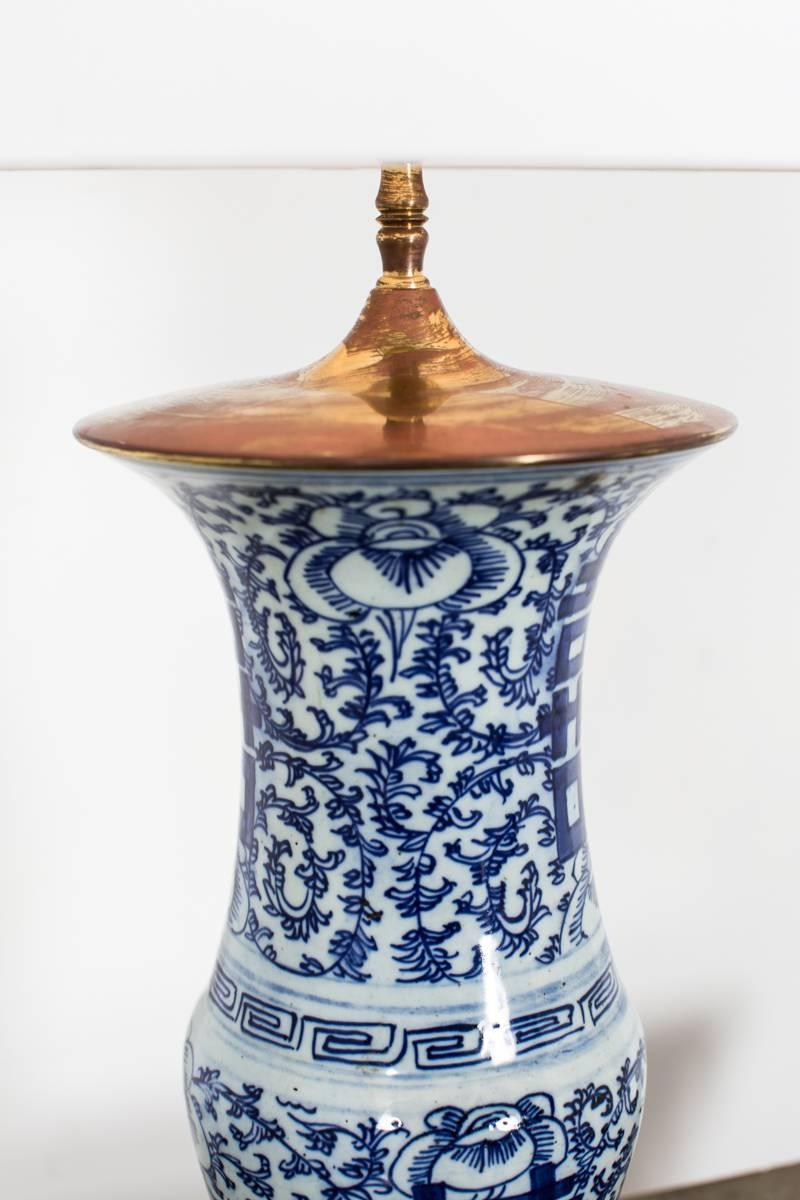 Table Lamps Pair 19th Century. A pair of blue and white table lamps made in China during the end of 19th century. Dimensions are including lamp shapes. Without lamp shades H: 15.4 in, W: 5.5 in.