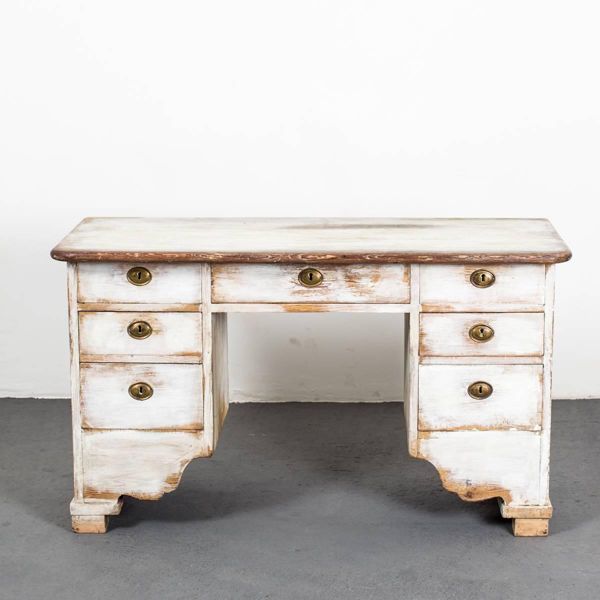 A white painted Swedish Karl Johan period desk w 7 drawers